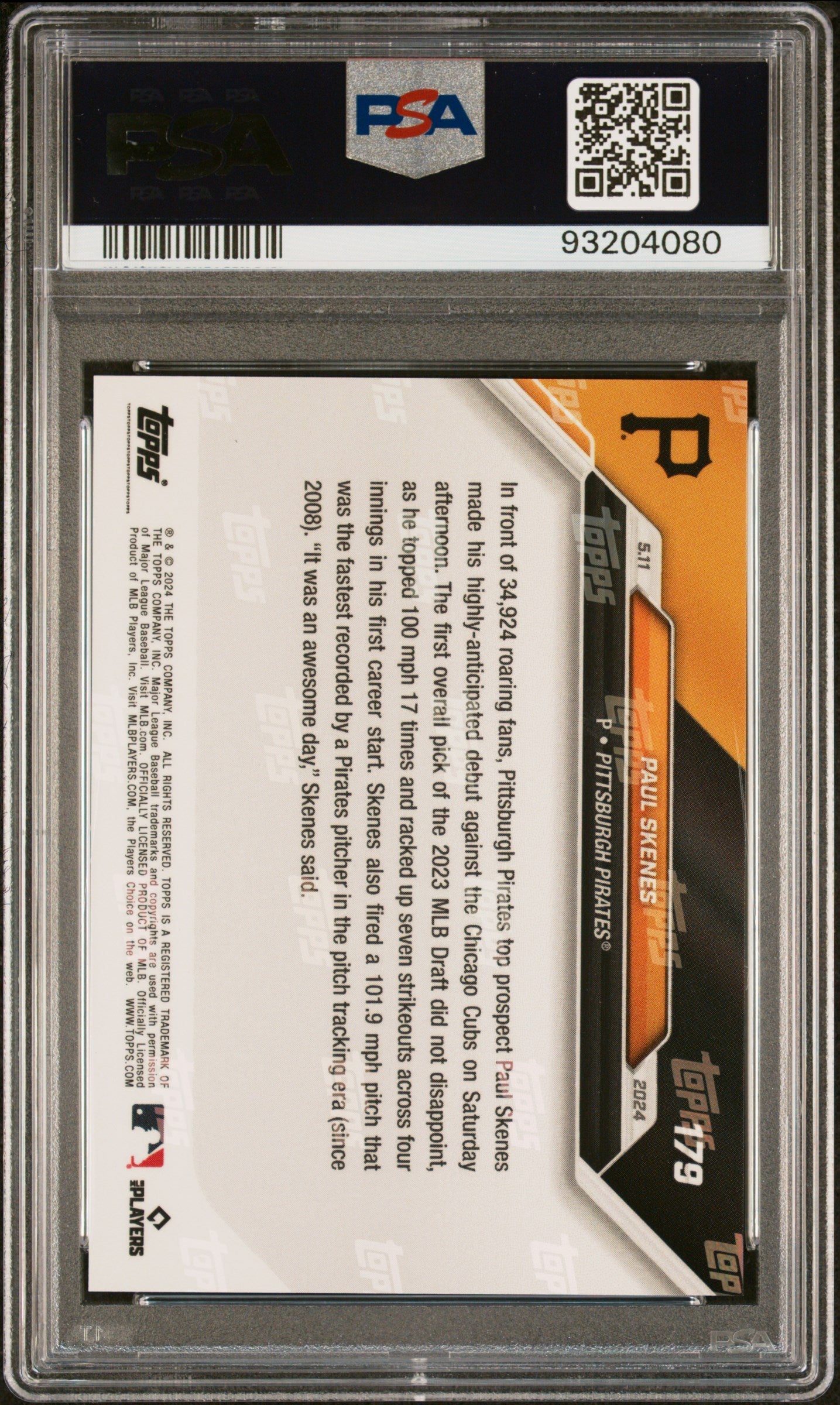 Graded 2024 Topps Now Paul Skenes #179 Major League Debut Rookie RC Baseball Card PSA 10 Gem Mint