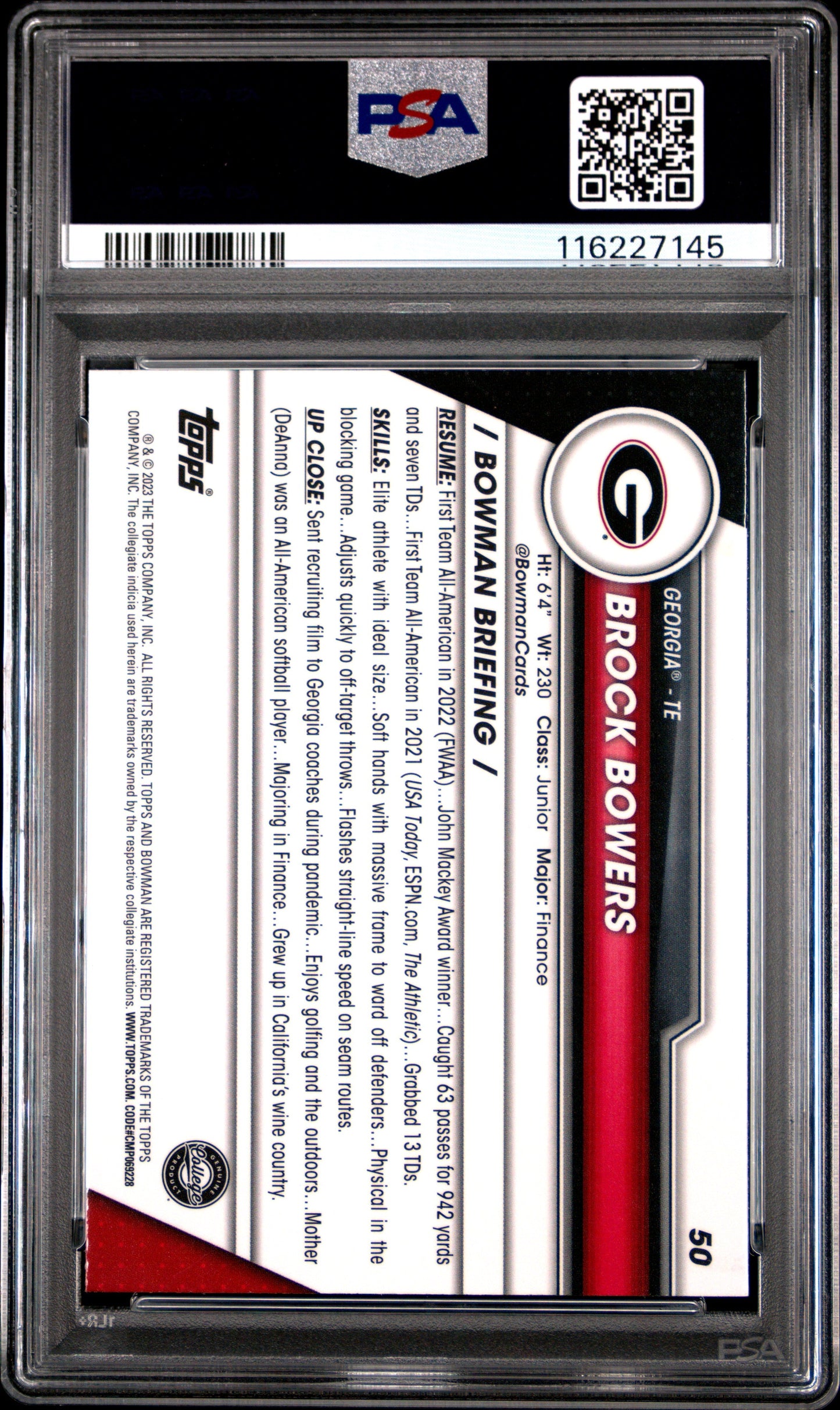 Graded 2023 Bowman U Sapphire Brock Bowers #50 Rookie RC Football Card PSA 9 Mint