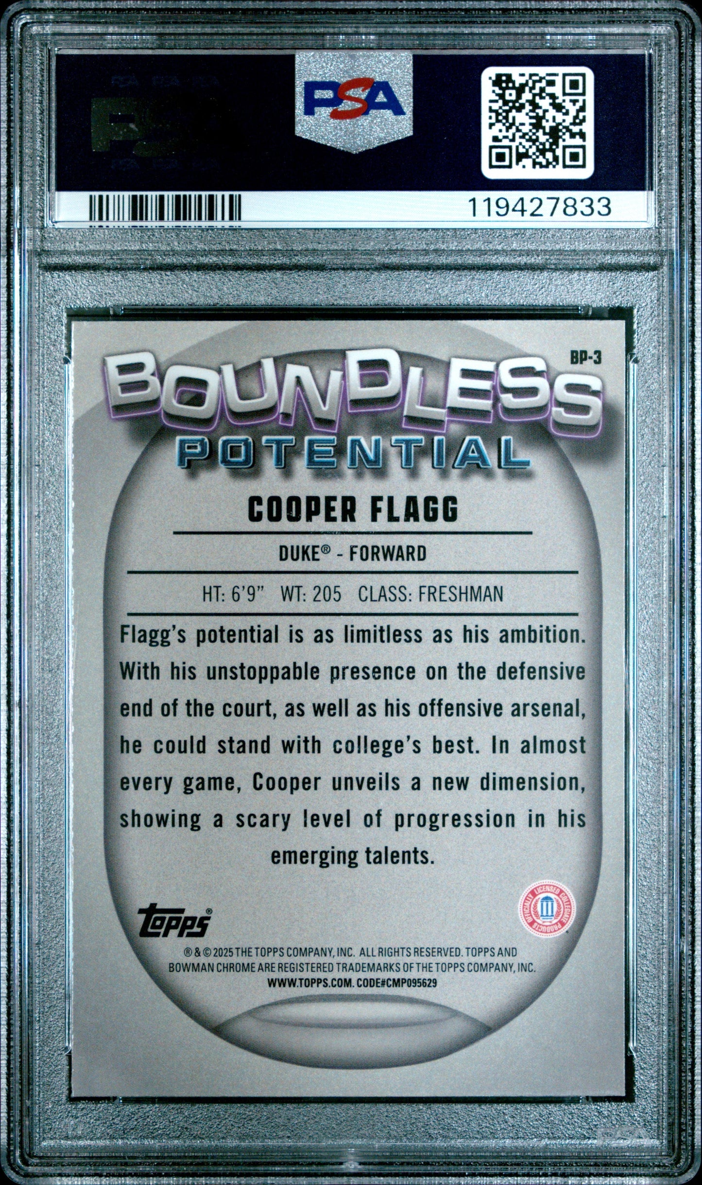 Graded 2024 Topps Bowman Chrome U Cooper Flagg #BP3 Boundless Potential Rookie RC Basketball Card PSA 10 Gem Mint