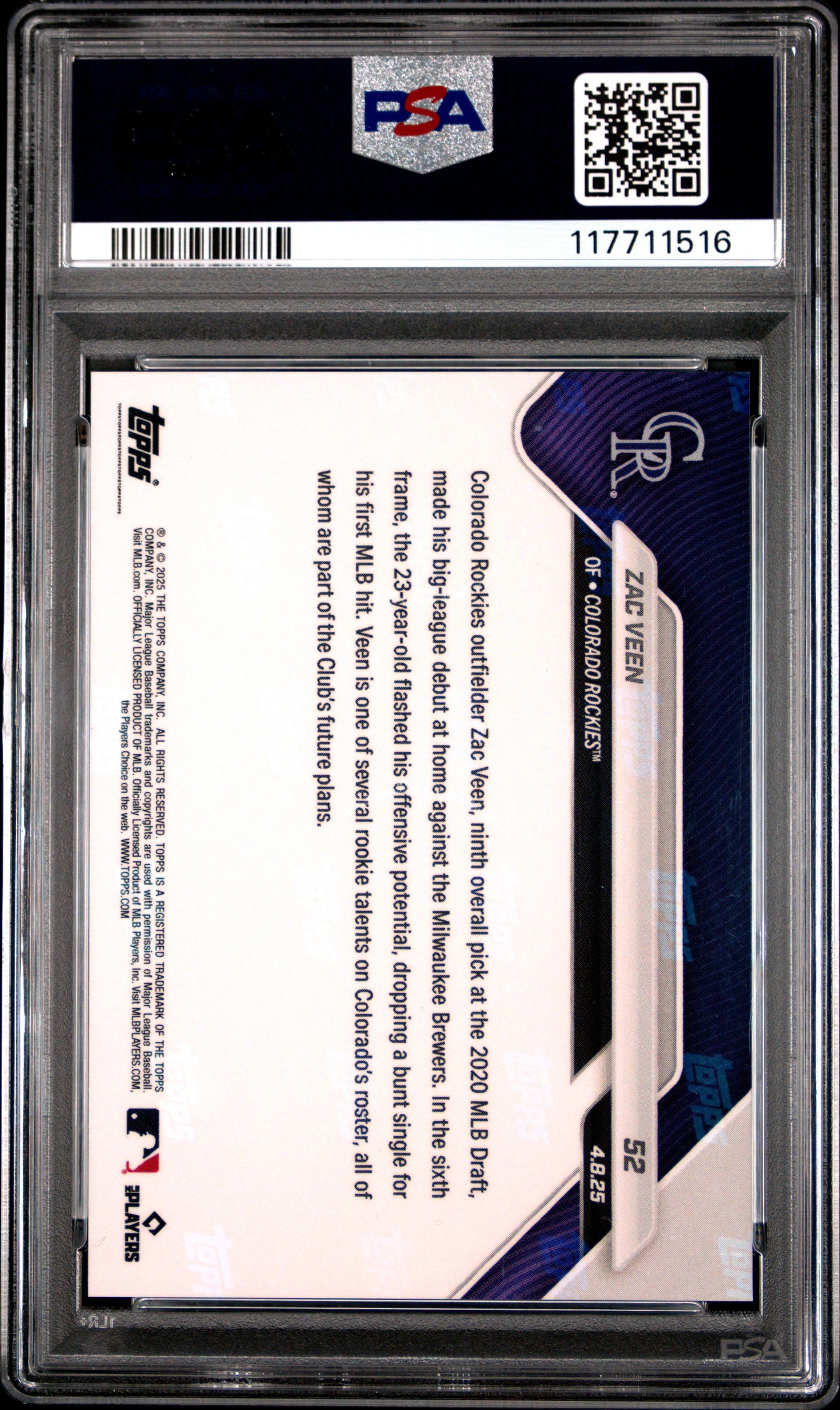 Graded 2025 Topps Now Zac Veen #52 Rookie RC Baseball Card PSA 10 Gem Mint