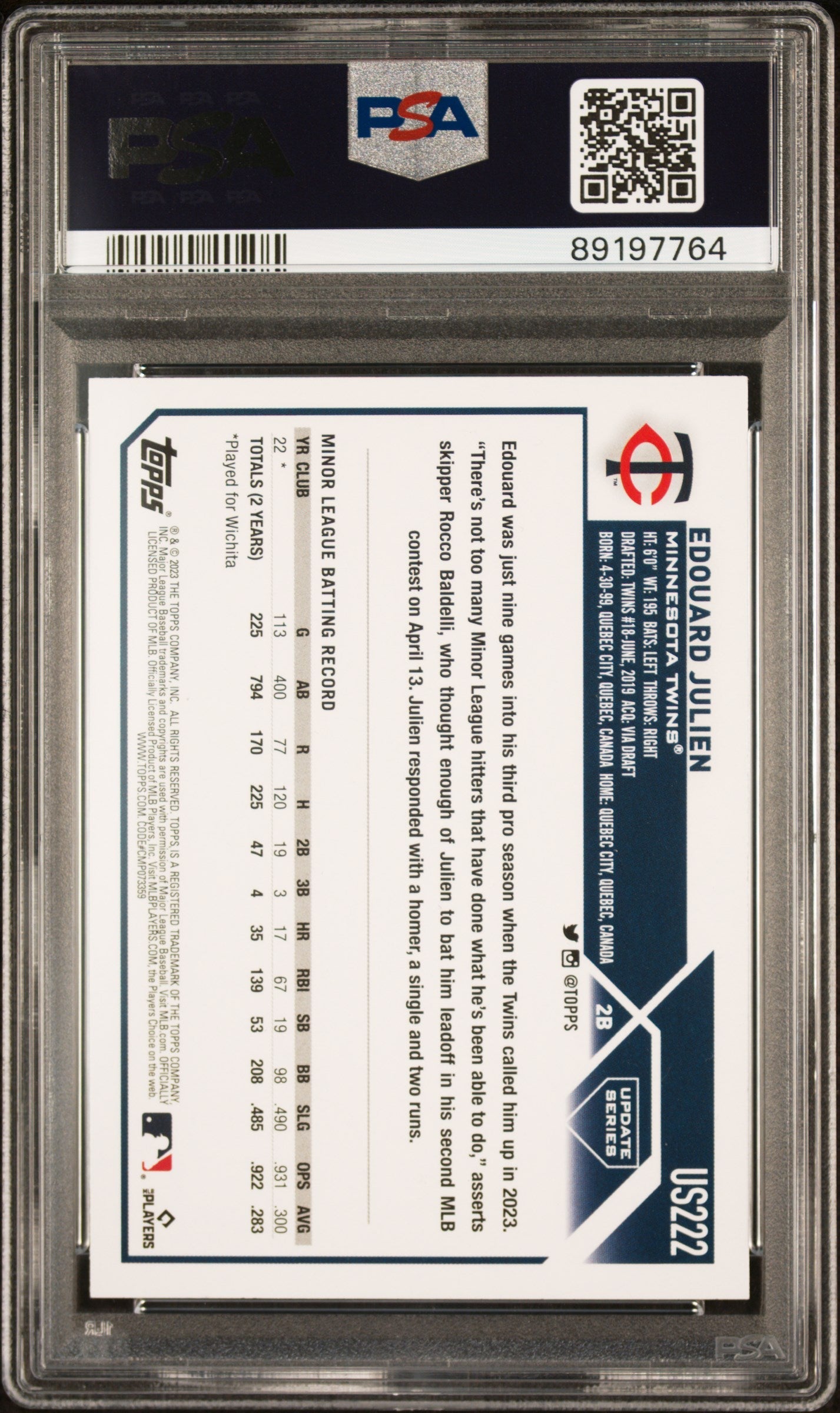 Graded 2023 Topps Update Edouard Julien #US222 Orange & Black Foil Rookie RC Baseball Card PSA 8 Near Mint