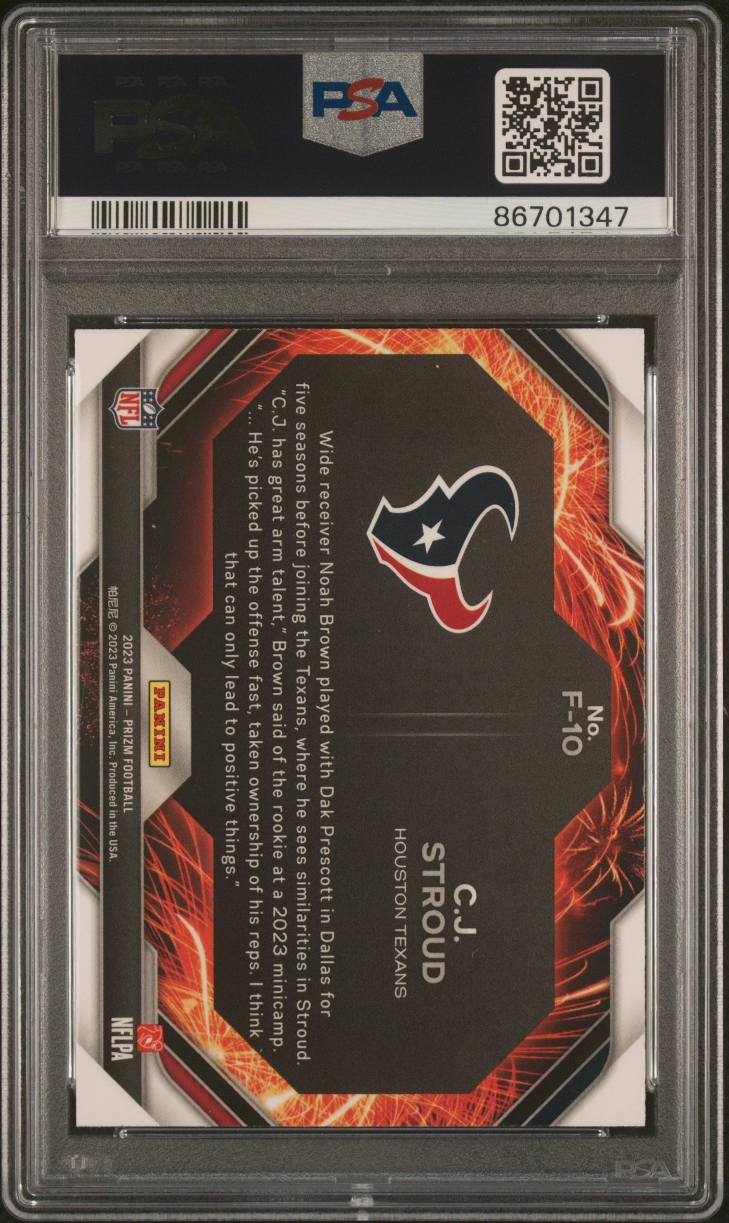 Graded 2023 Panini Prizm CJ Stroud #F10 Fireworks Rookie RC Football Card PSA 10 Gem Mint