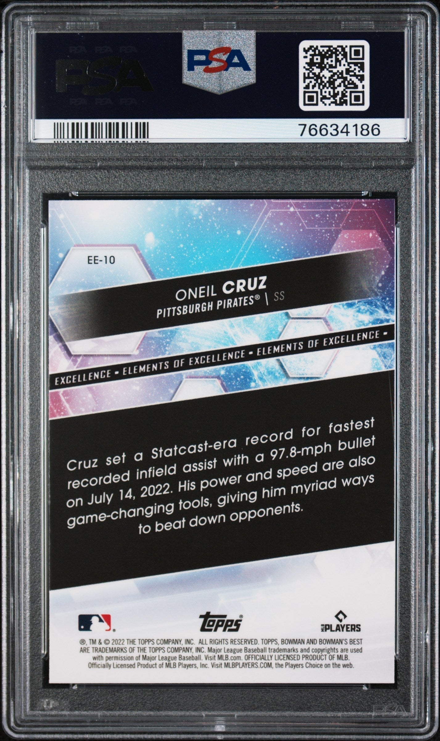 Graded 2022 Topps Bowmans Best Oneil Cruz #EE10 Elements of Excellence Rookie RC Baseball Card PSA 10 Gem Mint