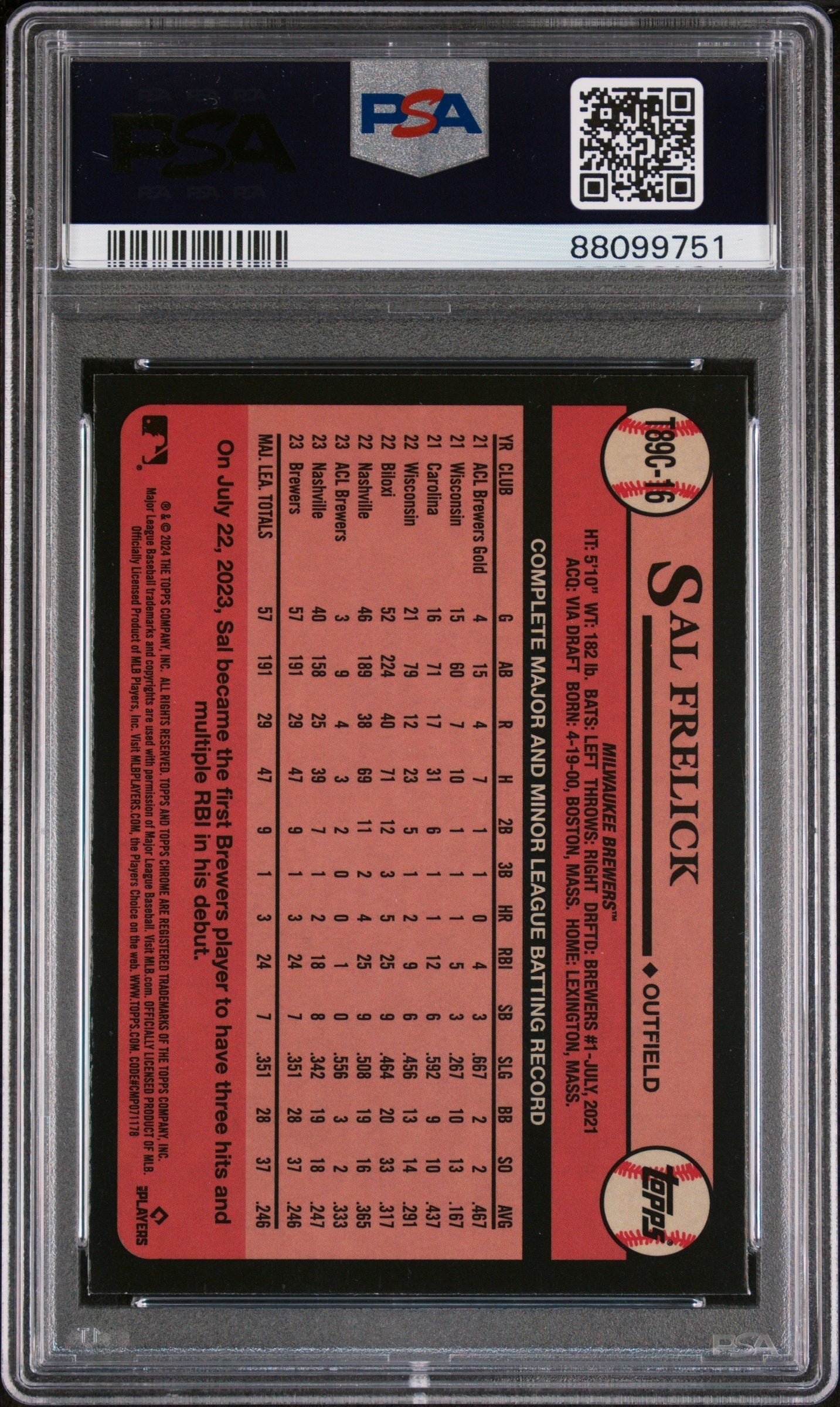 Graded 2024 Topps Silver Pack Sal Frelick #T89C16 Rookie RC Baseball Card PSA 10 Gem Mint