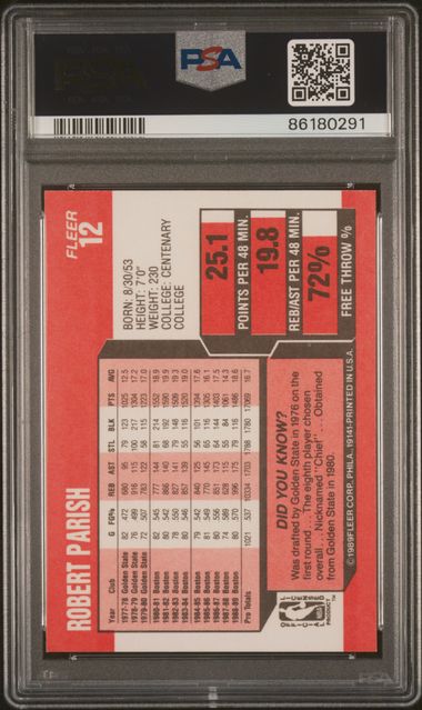 Graded 1989 Fleer Robert Parish #12 Basketball Card PSA 10 Gem Mint - Sport Cards