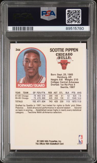 Graded 1989 Hoops Scottie Pippen #244 2nd Year Basketball Card PSA 10 Gem Mint
