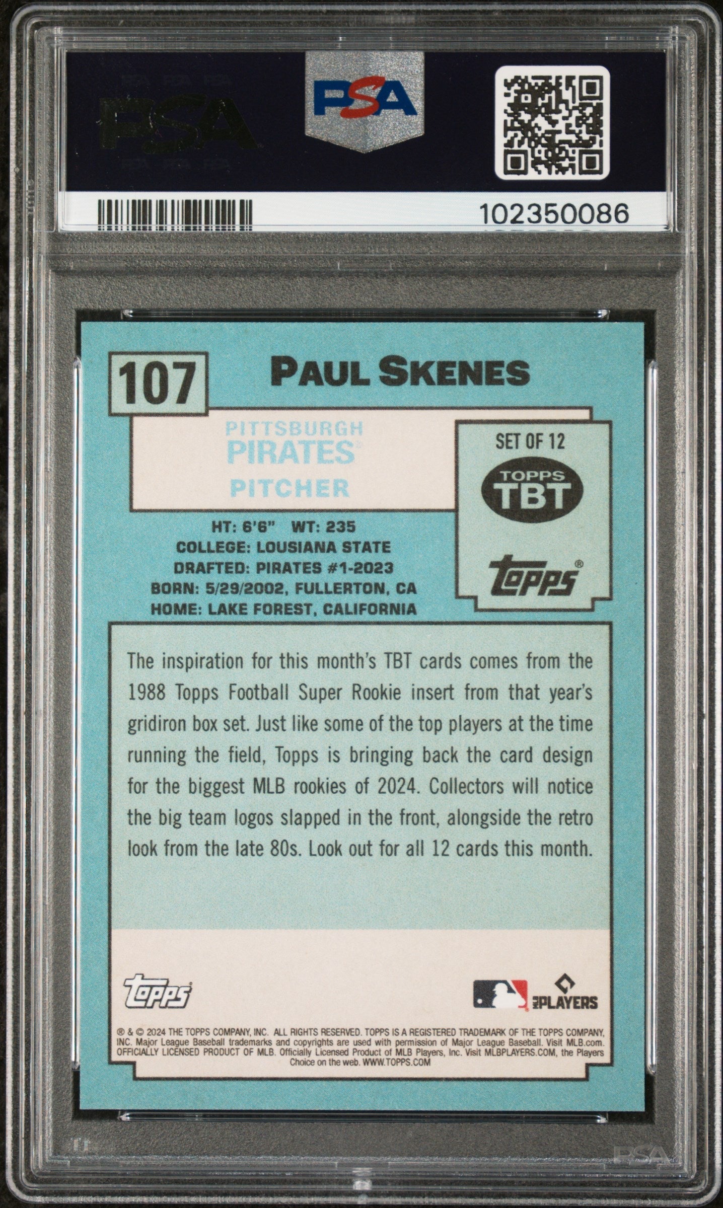 Graded 2024 Topps Paul Skenes #107 Throwback Thursday Rookie RC Baseball Card PSA 10 Gem Mint