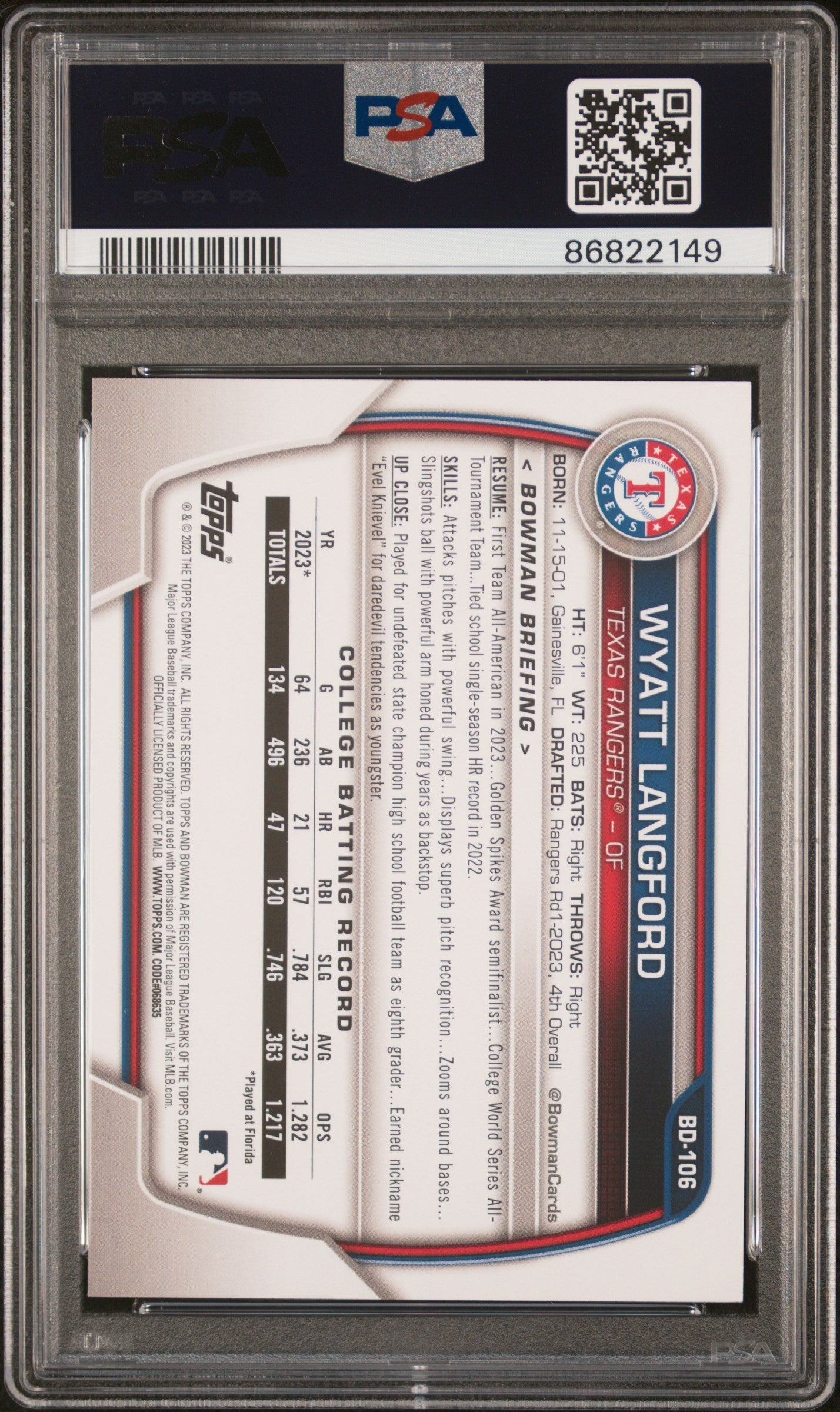 Graded 2023 Topps Bowman Draft Wyatt Langford #BD106 Rookie RC Baseball Card PSA 10 Gem Mint