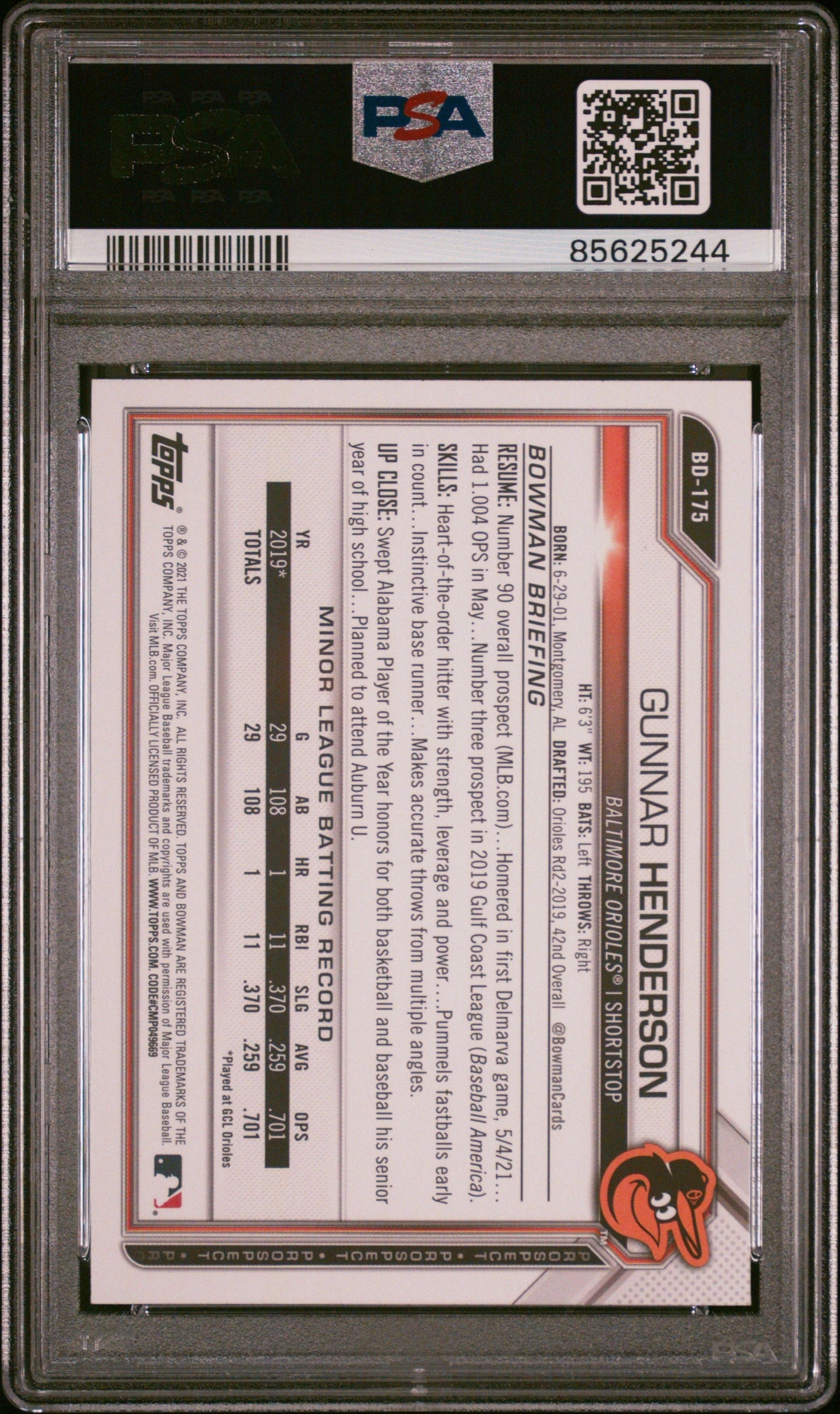 Graded 2021 Topps Bowman Draft Gunnar Henderson #BD175 Rookie RC Baseball Card PSA 9 Mint