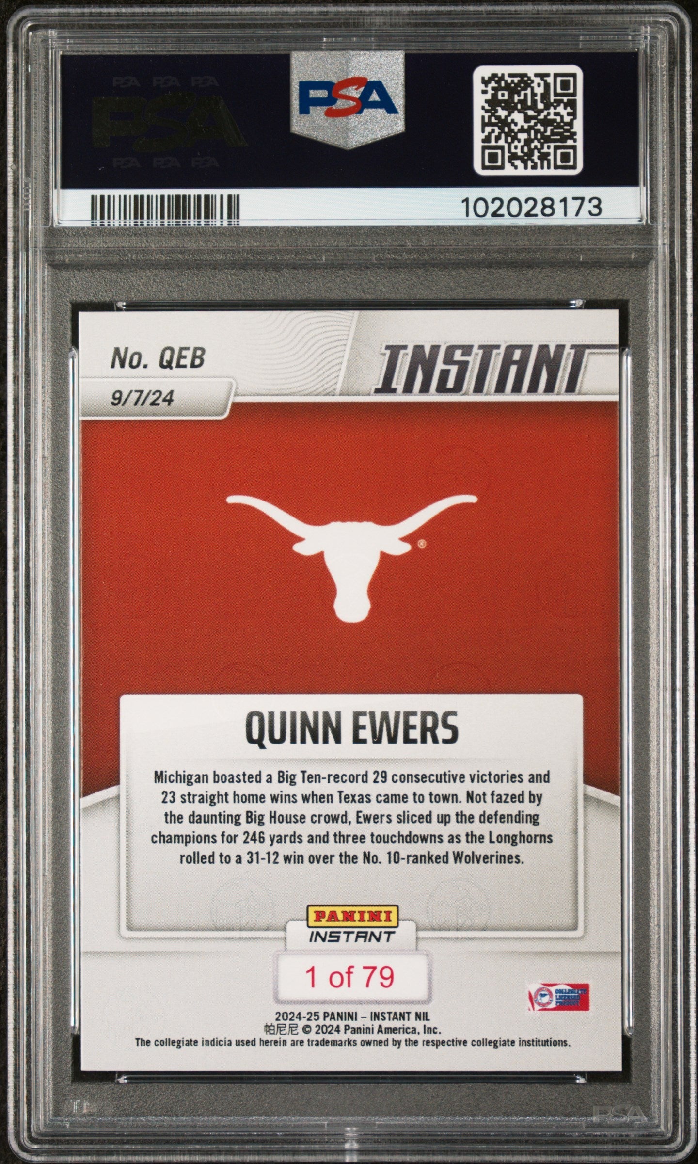 Graded 2024 Panini Instant NIL Quinn Ewers #QEB Rookie RC Football Card PSA 10 Gem Mint