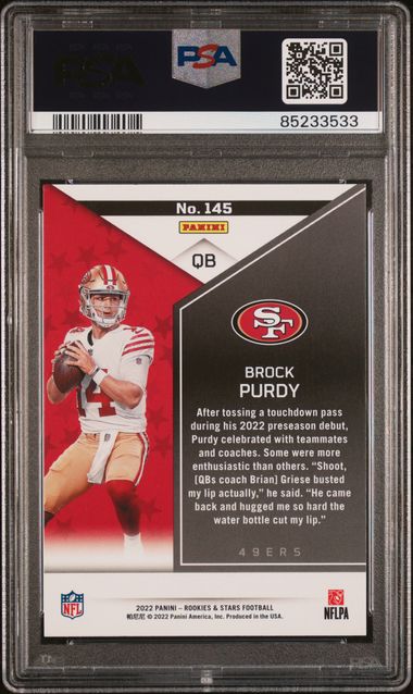 Graded 2022 Panini Rookies & Stars Brock Purdy #145 Rookie RC Football Card PSA 10 Gem Mint