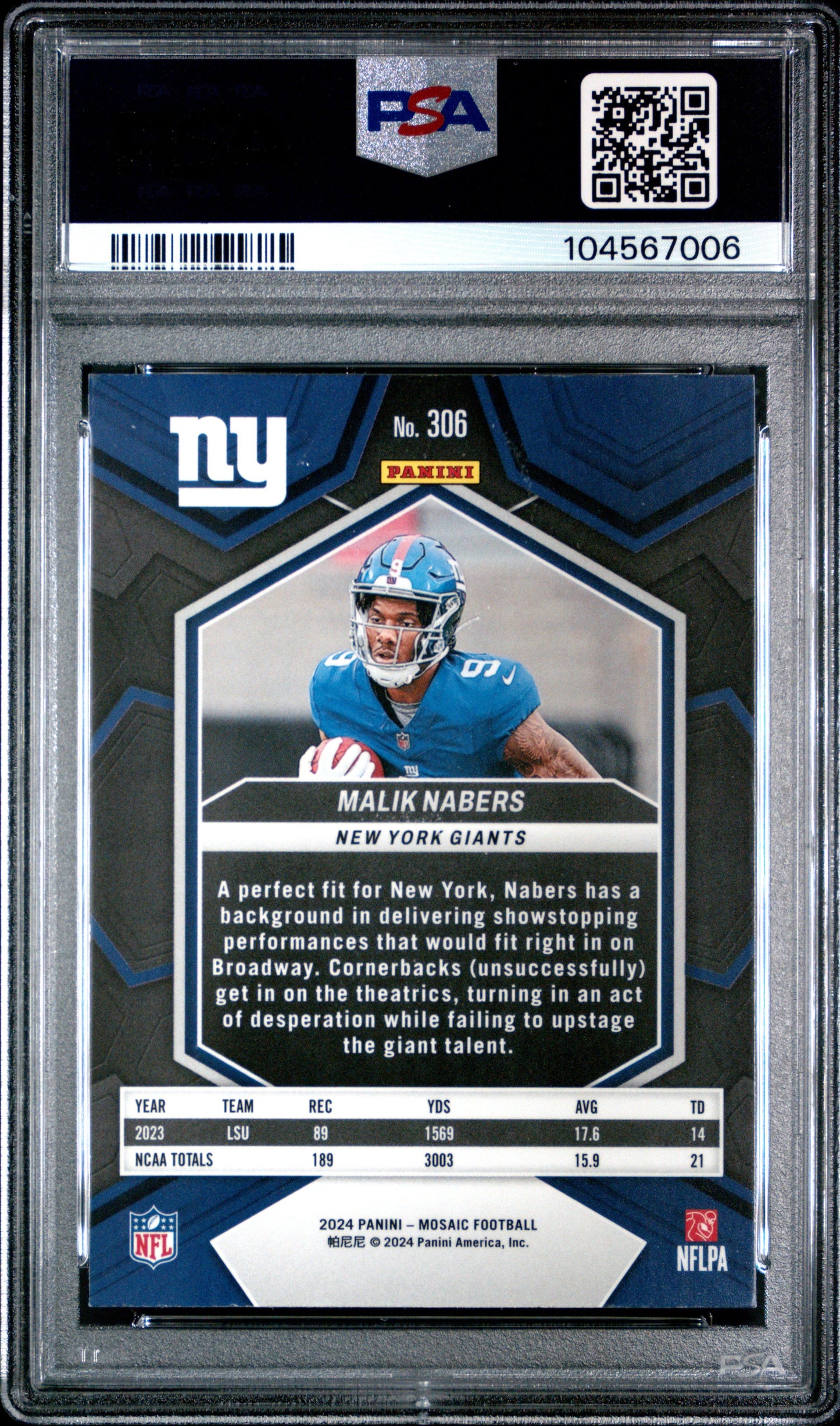 Graded 2024 Panini Mosaic Malik Nabers #306 Rookie RC Football Card PSA 9 Mint