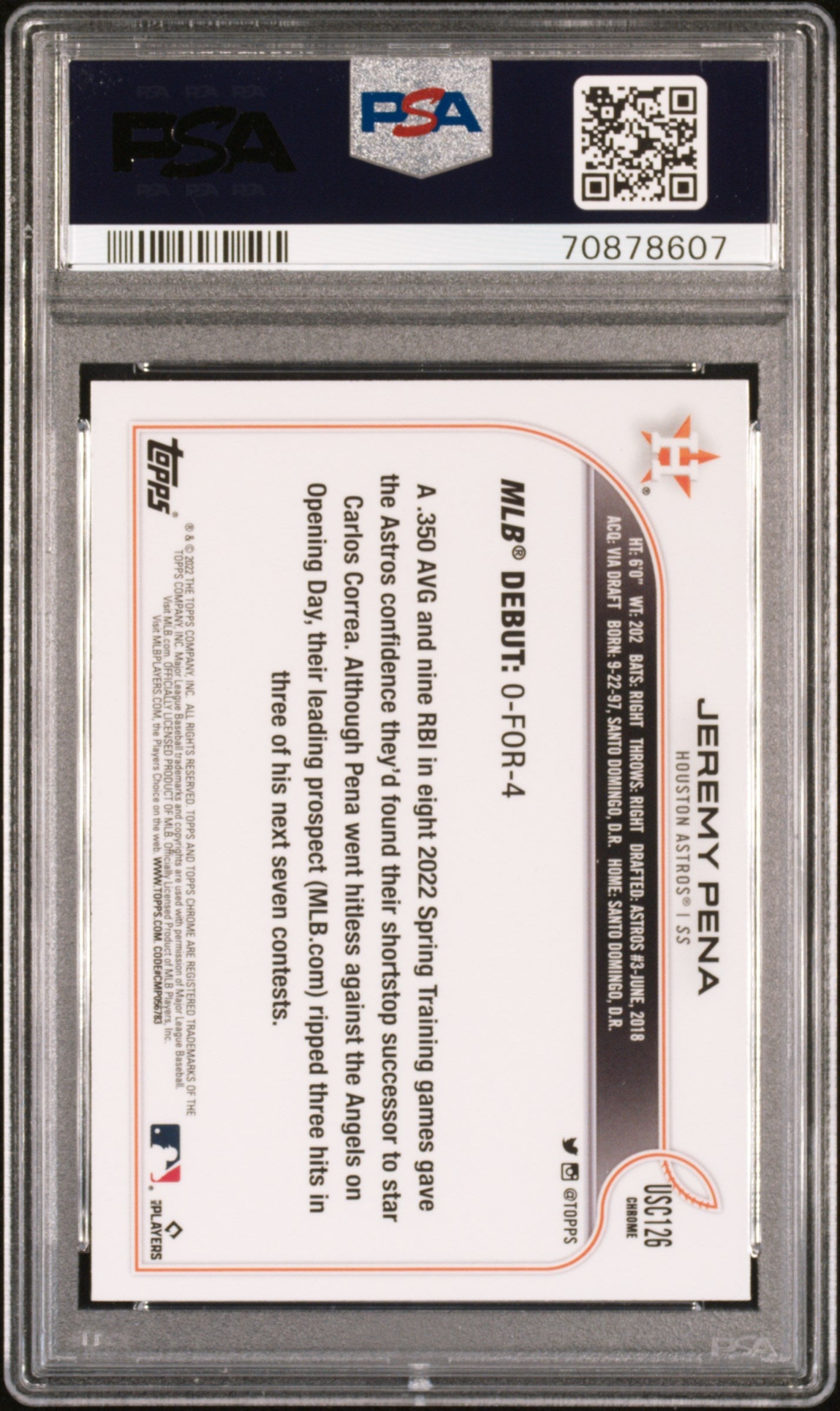 Graded 2022 Topps Chrome Update Jeremy Pena #USC126 Rookie RC Baseball Card PSA 10 Gem Mint