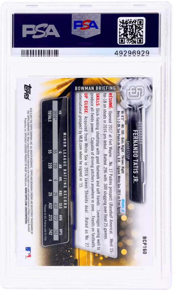 Graded 2017 Topps Bowman Chrome Fernando Tatis Jr. #BCP160 Prospects Rookie RC Baseball Card PSA 10 Gem Mint