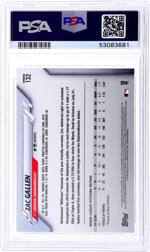 Graded 2020 Topps Chrome Zac Gallen #132 Prism Refractor Rookie RC Baseball Card PSA 10 Gem Mint