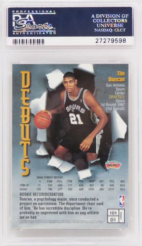 Graded 1997 Topps Finest Tim Duncan #101 Rookie RC Basketball Card PSA 10 Gem Mint