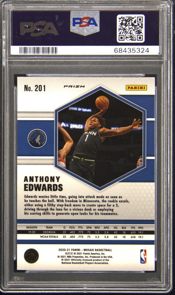 Graded 2020-21 Panini Mosaic Anthony Edwards #201 Green Mosaic Rookie RC Basketball Card PSA 10 Gem Mint