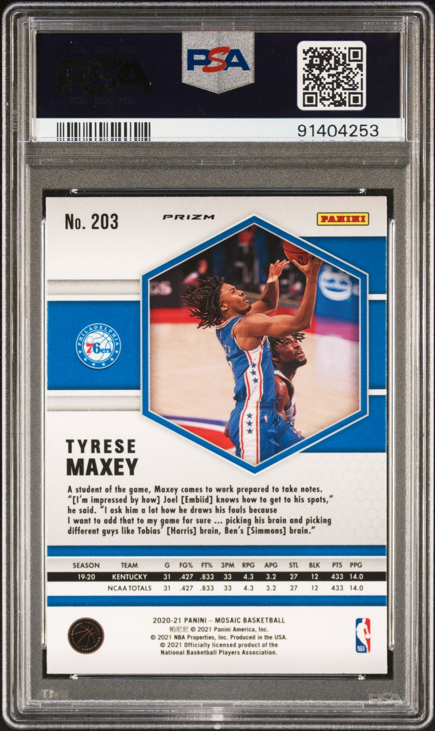 Graded 2020 Panini Mosaic Tyrese Maxey #203 Red Wave Rookie RC Basketball Card PSA 10 Gem Mint