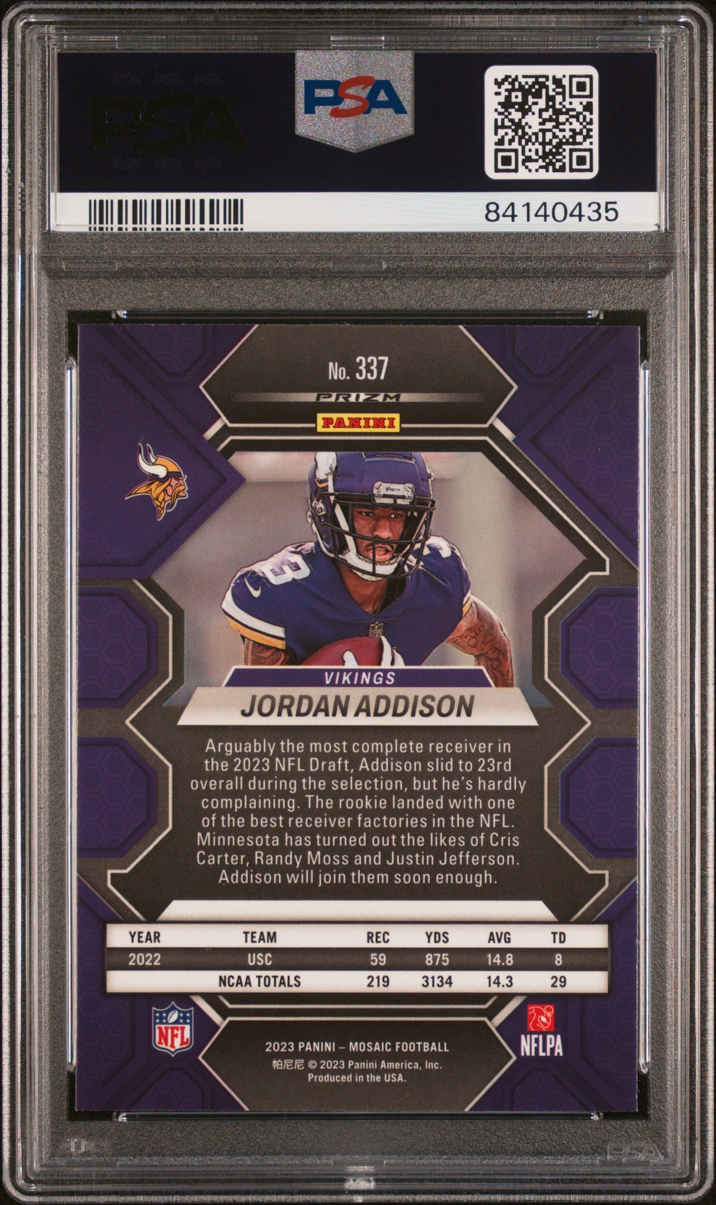 Graded 2023 Panini Mosaic Jordan Addison #337 Mosaic Rookie RC Football Card PSA 10 Gem Mint
