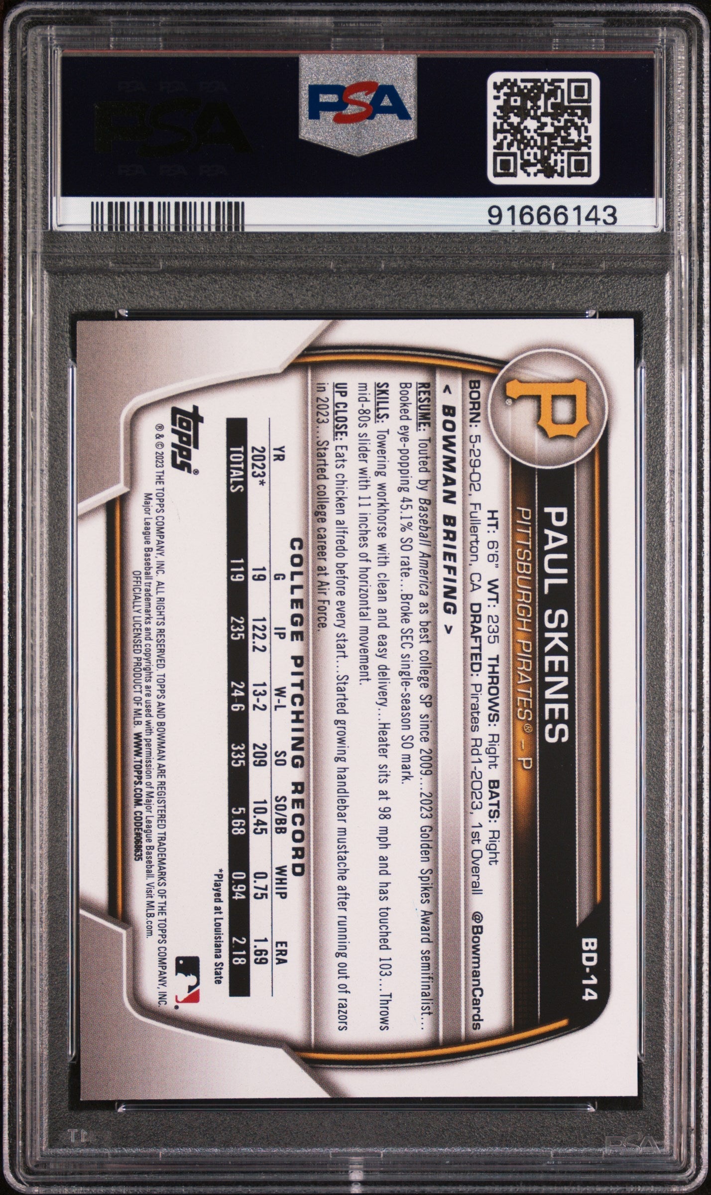 Graded 2023 Topps Bowman Draft Paul Skenes #BD14 Rookie RC Baseball Card PSA 9 Mint