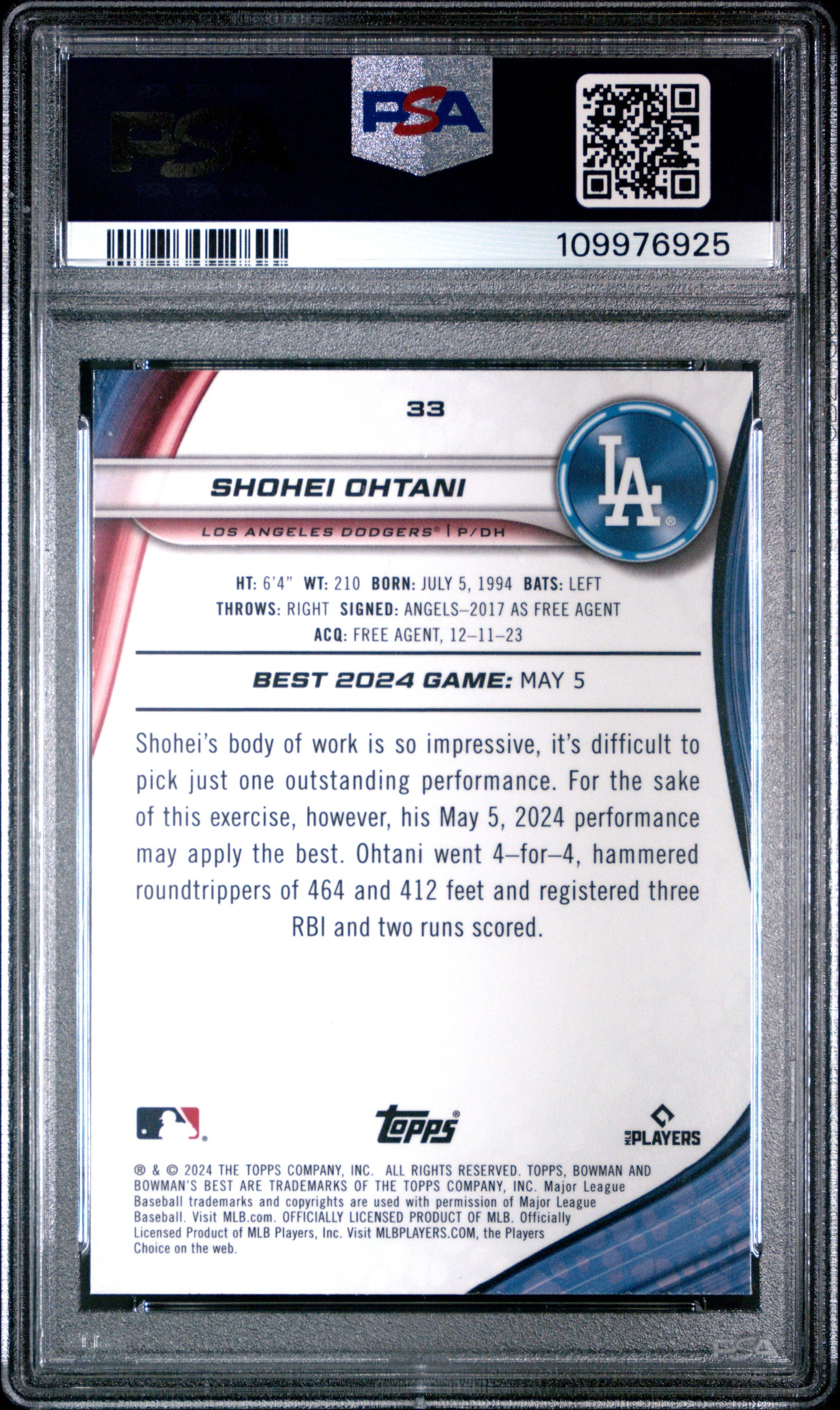 Graded 2024 Topps Bowmans Best Shohei Ohtani #33 Baseball Card PSA 10 Gem Mint