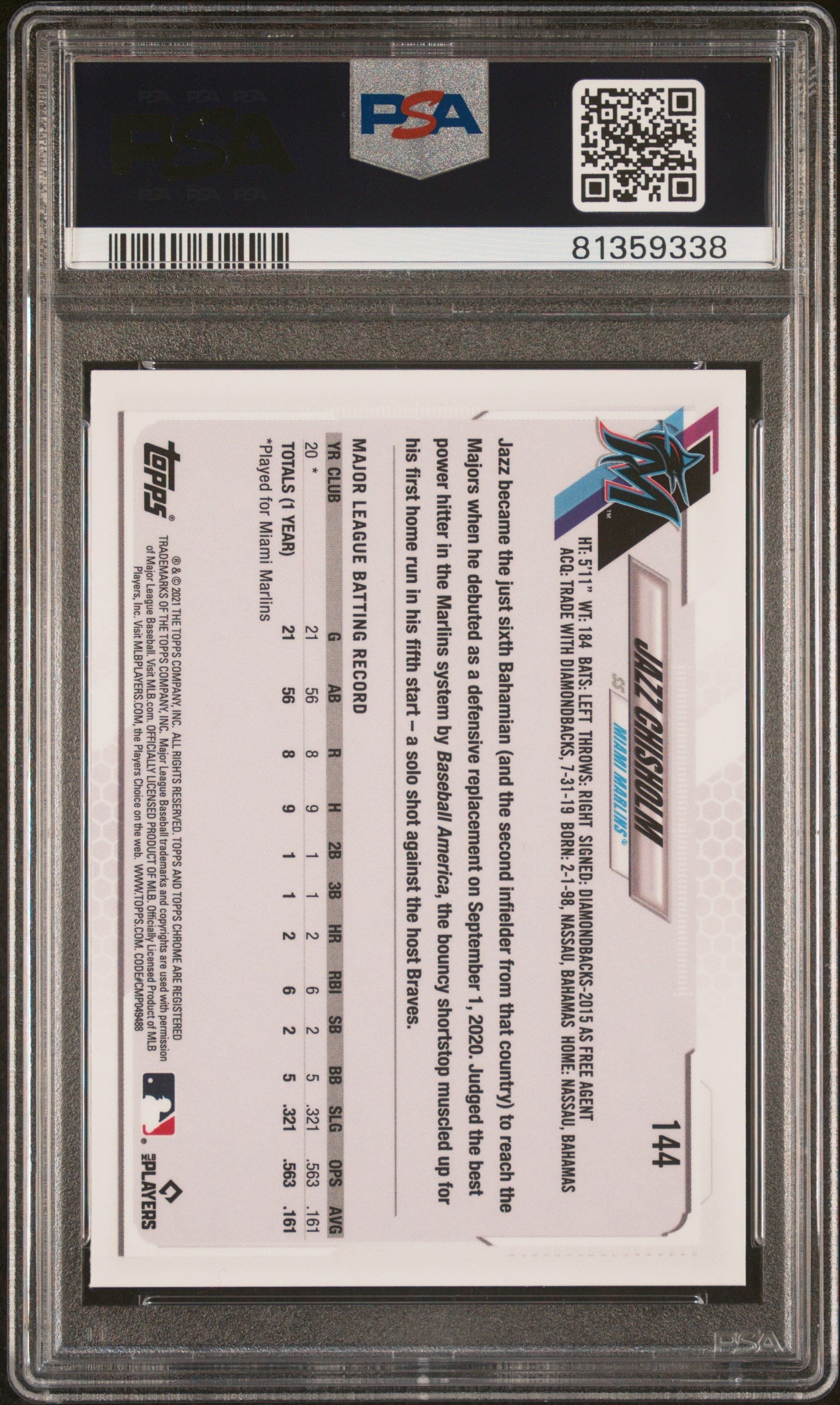 Graded 2021 Topps Ben Baller Chrome Jazz Chisholm #144 Rookie RC Baseball Card PSA 10 Gem Mint