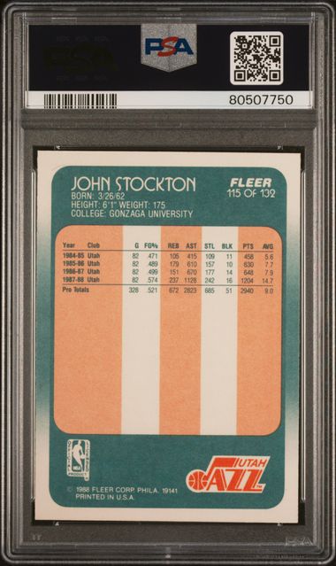 Graded 1988 Fleer John Stockton #115 Rookie RC Basketball Card PSA 9 Mint