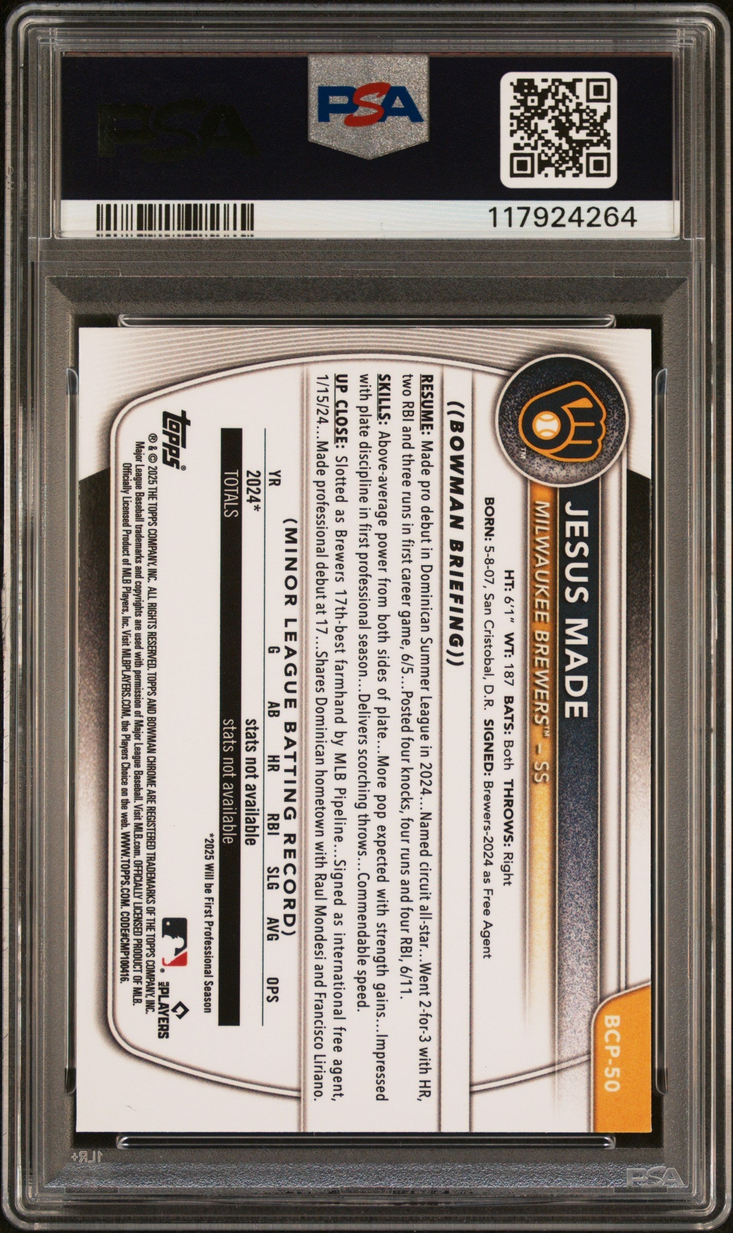 Graded 2025 Topps Bowman Jesus Made #BCP50 Chrome Prospects Rookie RC Baseball Card PSA 10 Gem Mint