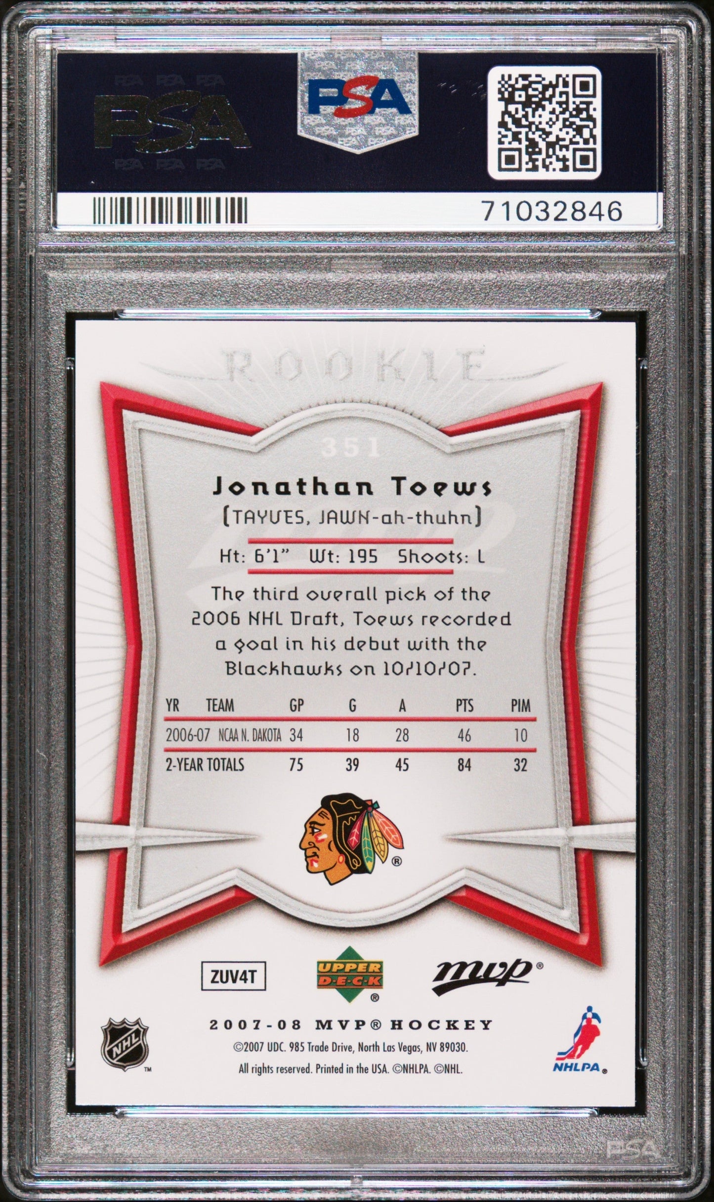 Graded 2007 Upper Deck MVP Jonathan Toews #351 Rookie RC Hockey Card PSA 10 Gem Mint