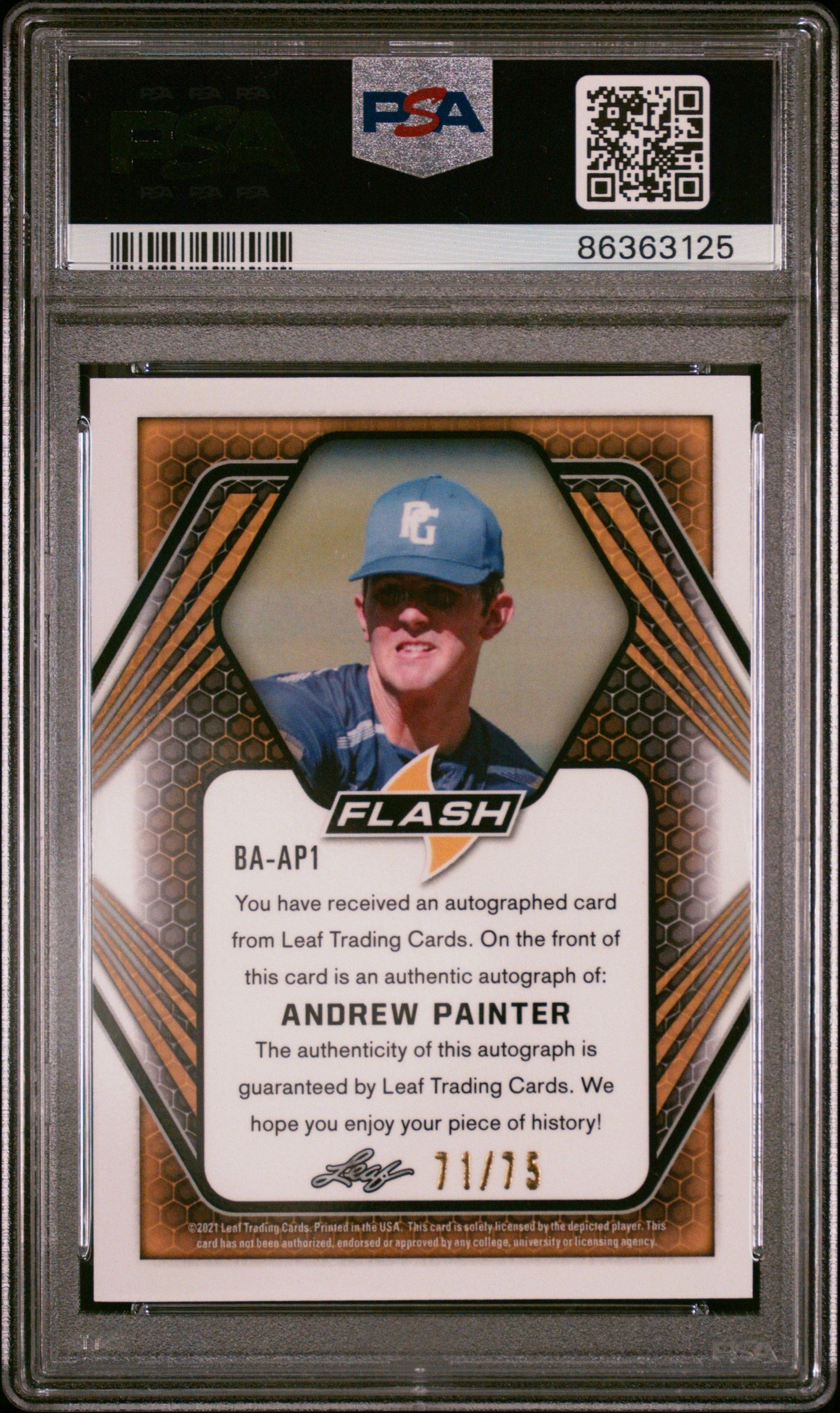 Graded 2021 Leaf Flash Andrew Painter #AP1 Autograph Purple #/75 Rookie RC Baseball Card PSA 10 Gem Mint
