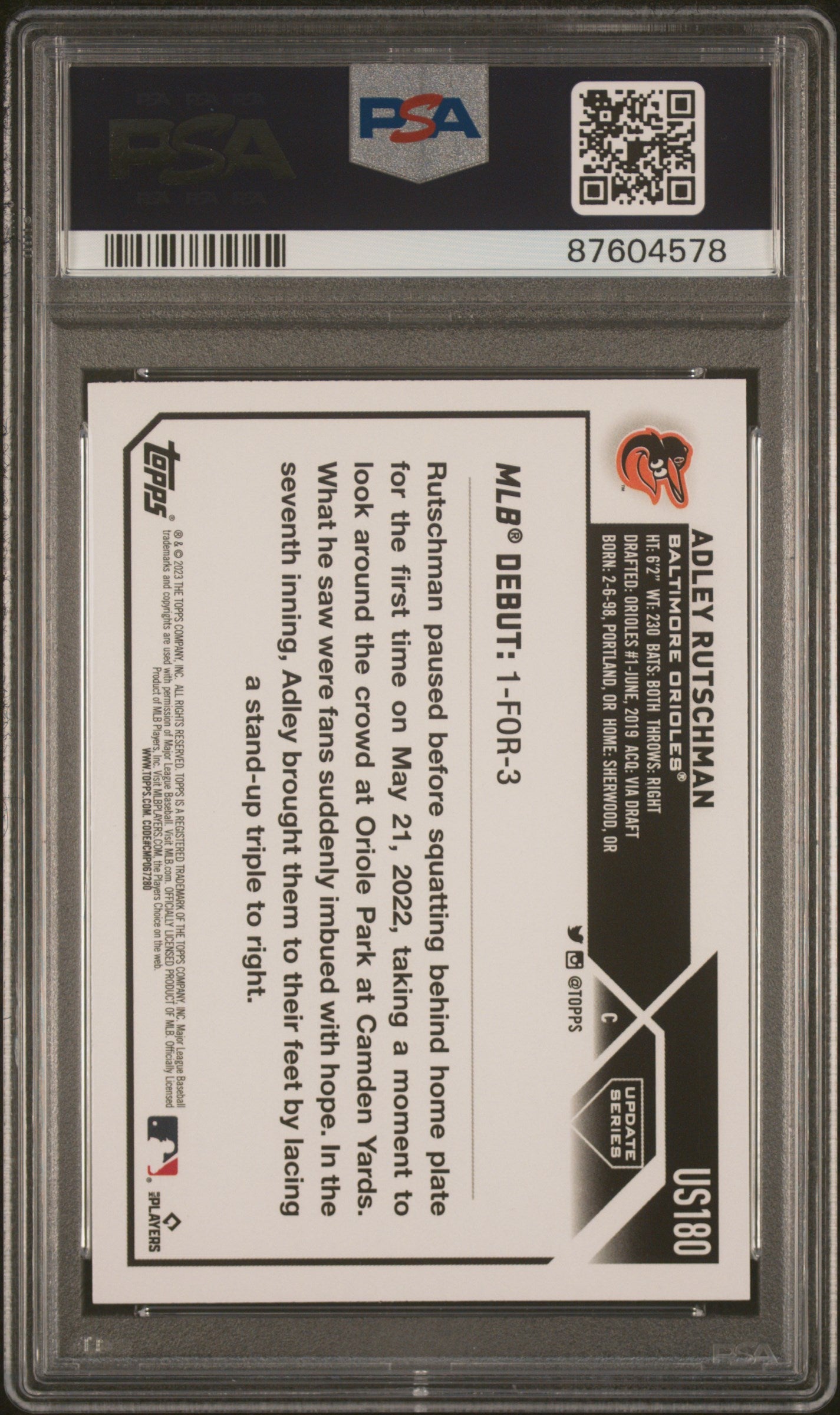 Graded 2023 Topps Update Adley Rutschman #US180 Rookie RC Baseball Card PSA 10 Gem Mint