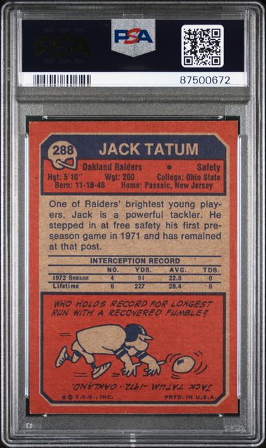 Graded 1973 Topps Jack Tatum #288 Rookie RC Football Card PSA 8 NM-MT