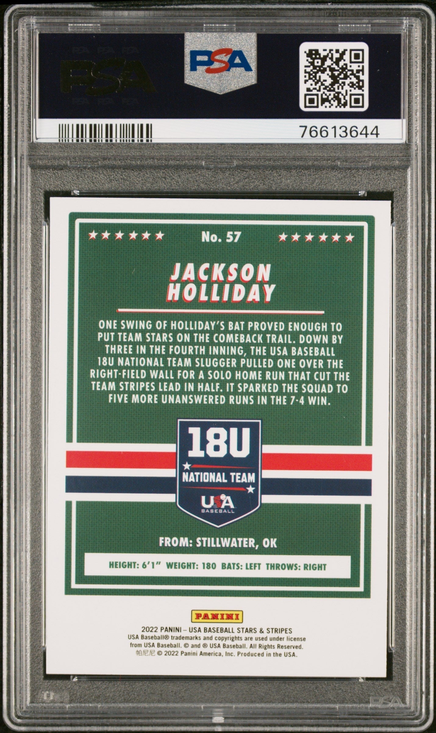 Graded 2021 Panini Stars & Stripes USA Jackson Holliday #57 Longevity Base Rookie RC Baseball Card PSA 10 Gem Mint