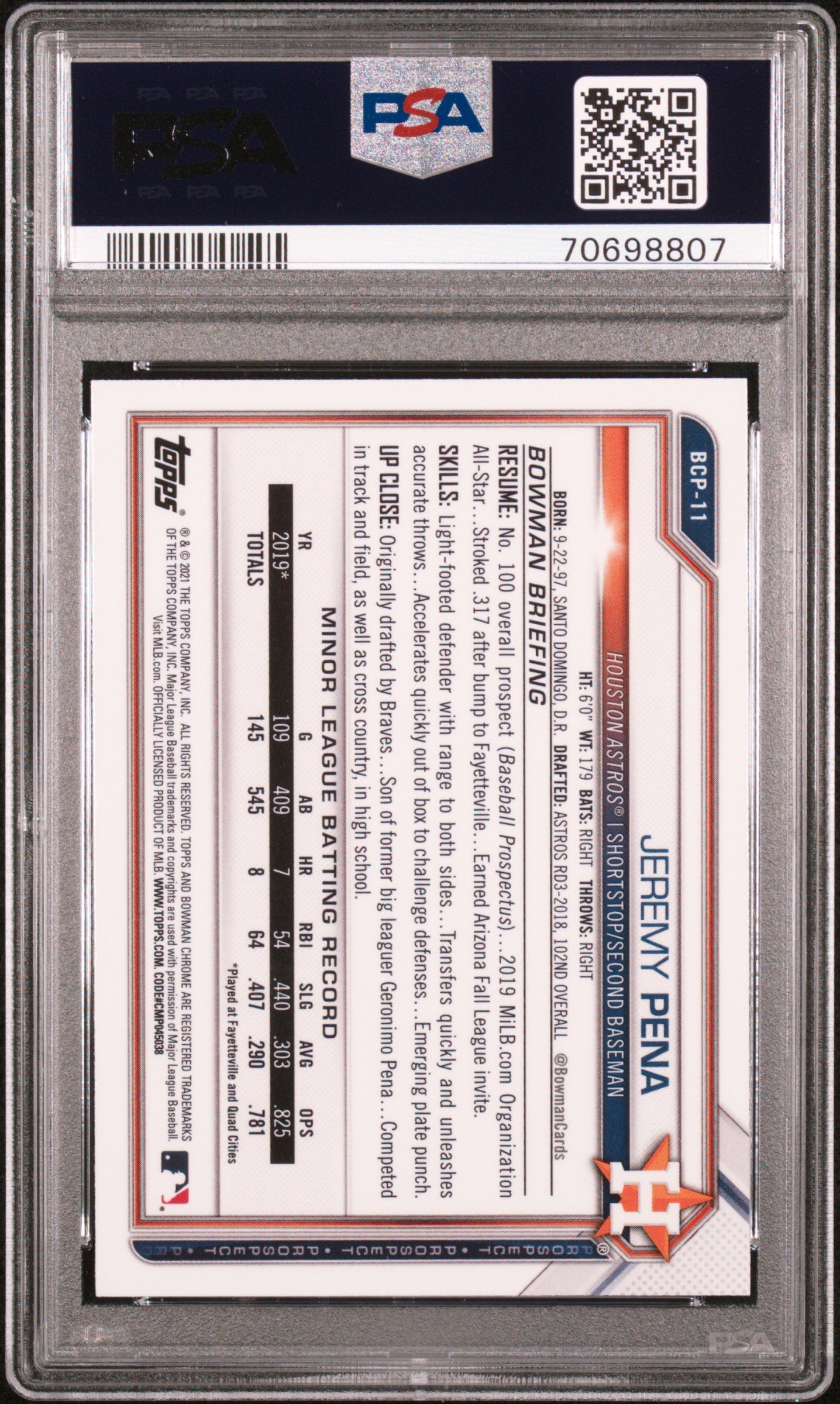 Graded 2021 Topps Bowman Sapphire Edition Jeremy Pena #BCP11 Chrome Prospects Rookie RC Baseball Card PSA 10 Gem Mint