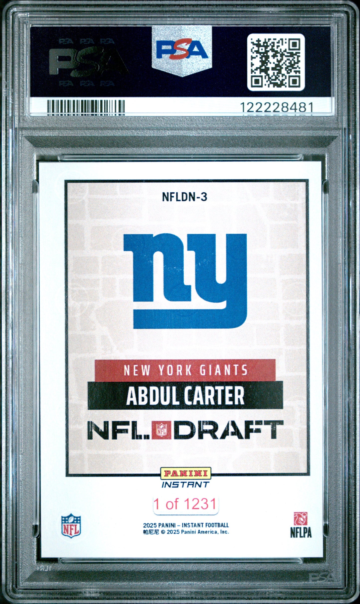 Graded 2025 Panini Instant Abdul Carter #NFLDN3 NFL Draft Night Rookie RC Football Card PSA 9 Mint