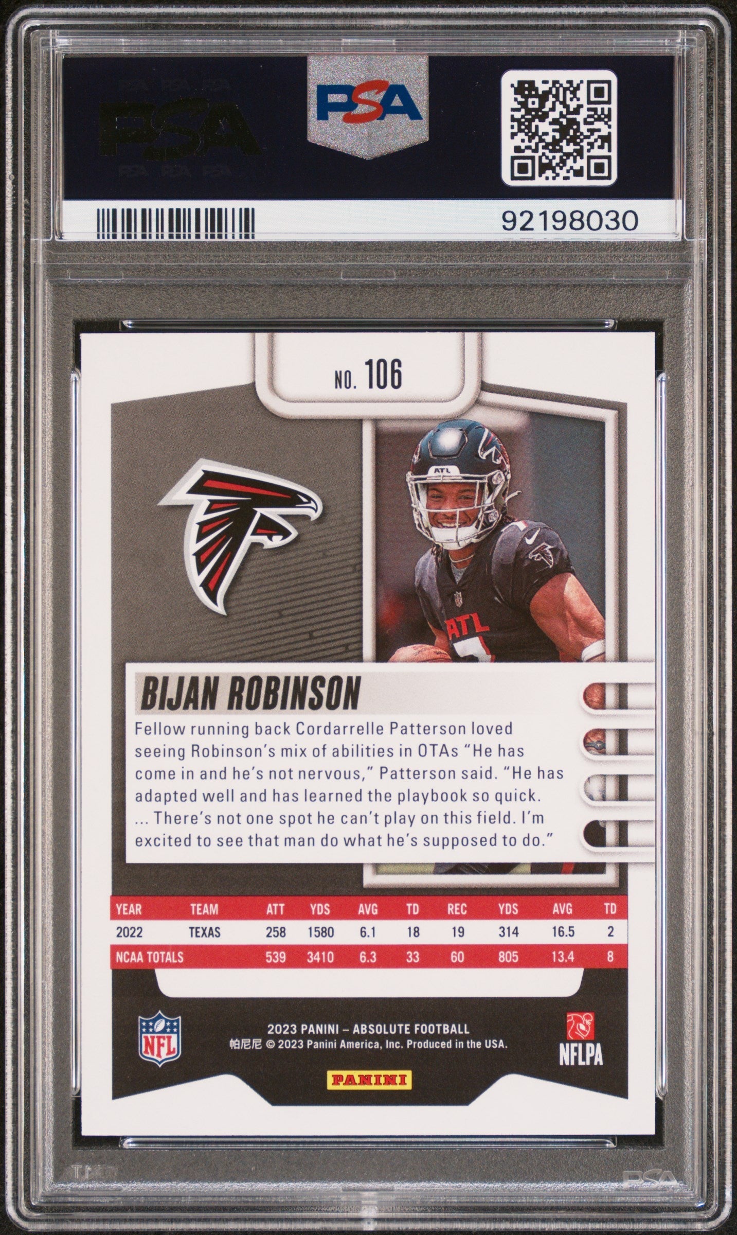 Graded 2023 Panini Absolute Bijan Robinson #106 Black Rookie RC Football Card PSA 10 Gem Mint