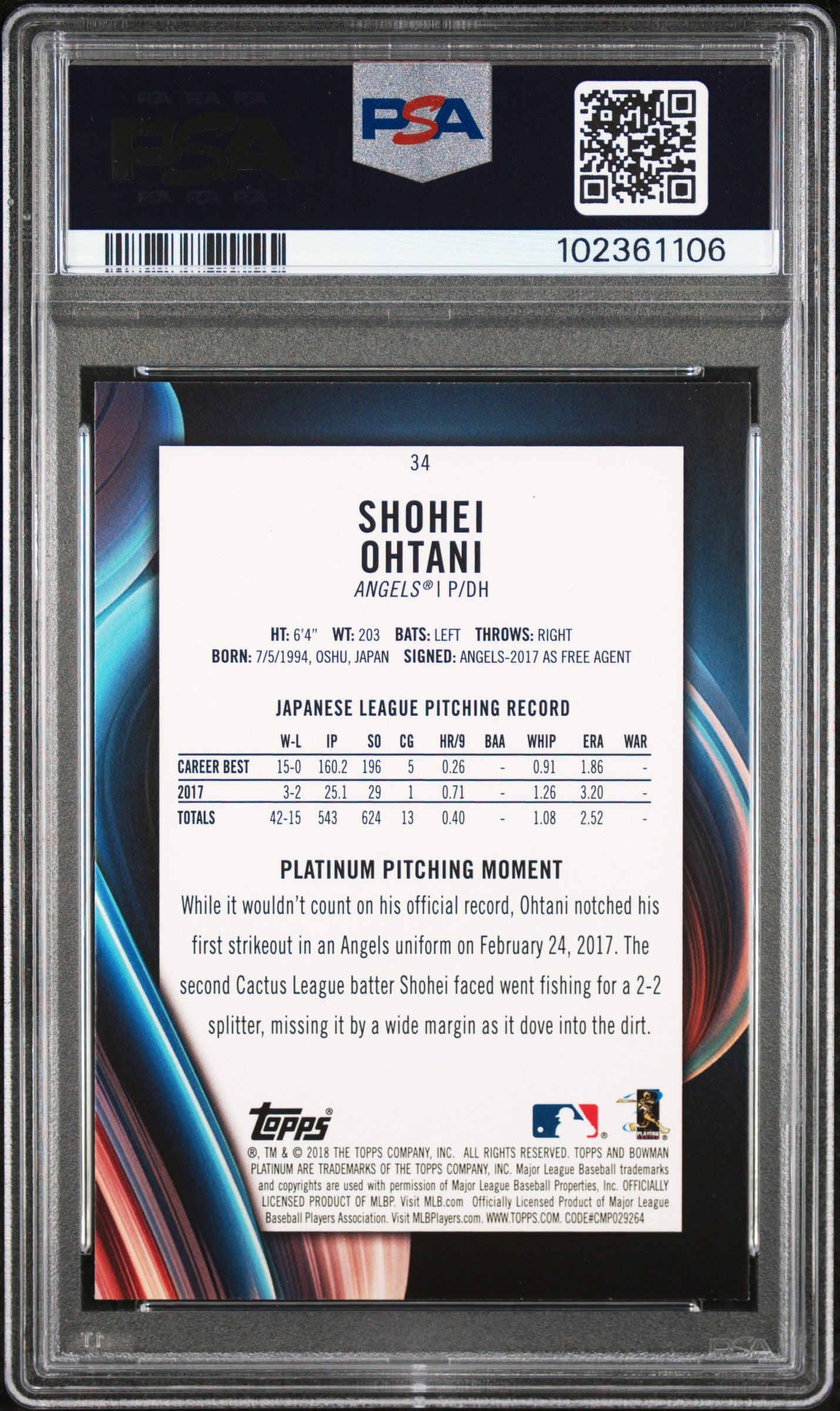 Graded 2018 Topps Bowman Platinum Shohei Ohtani #34 With Glove Rookie RC Baseball Card PSA 10 Gem Mint
