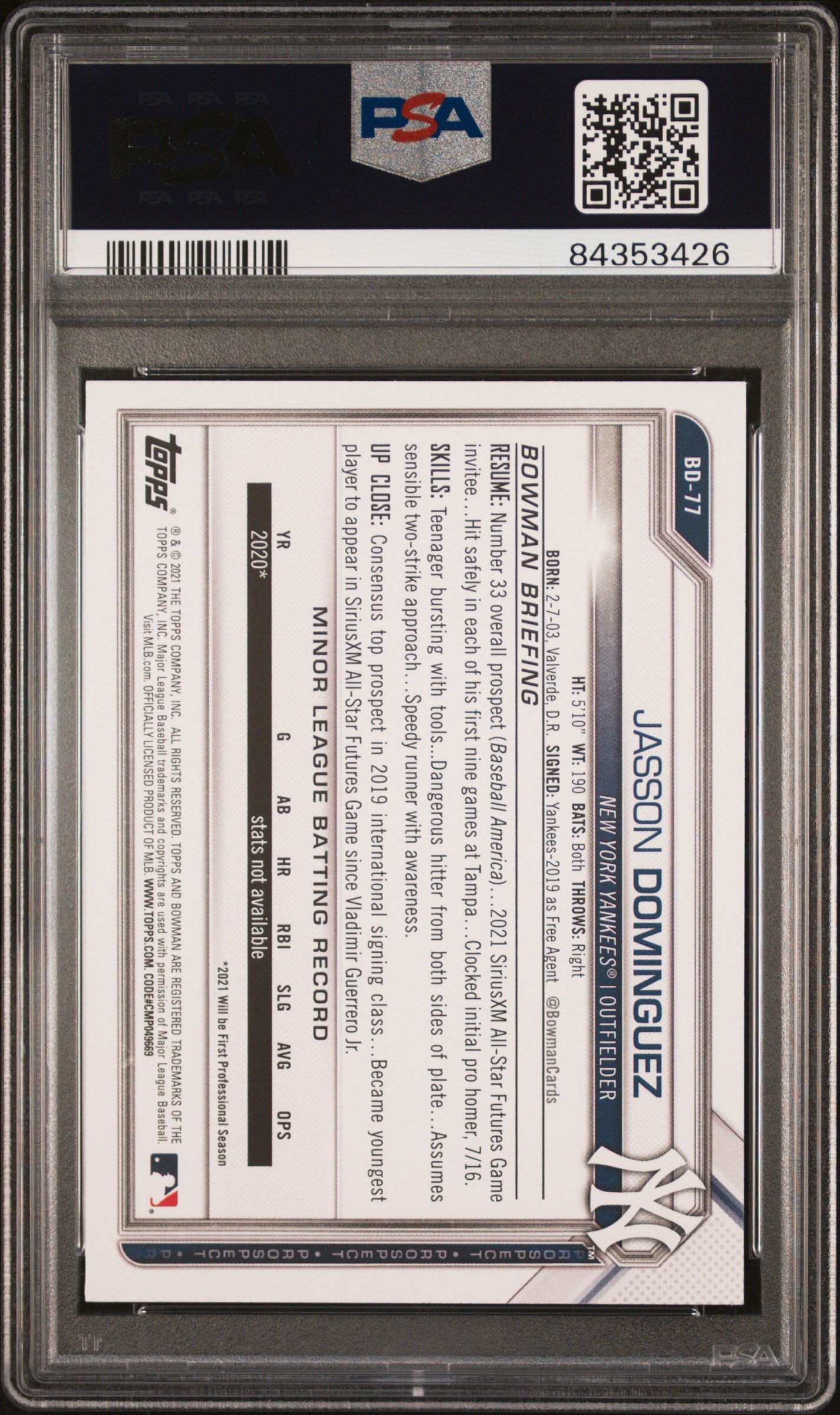 Graded 2021 Topps Bowman Draft Jasson Dominguez #BD77 Rookie RC Baseball Card PSA 10 Gem Mint