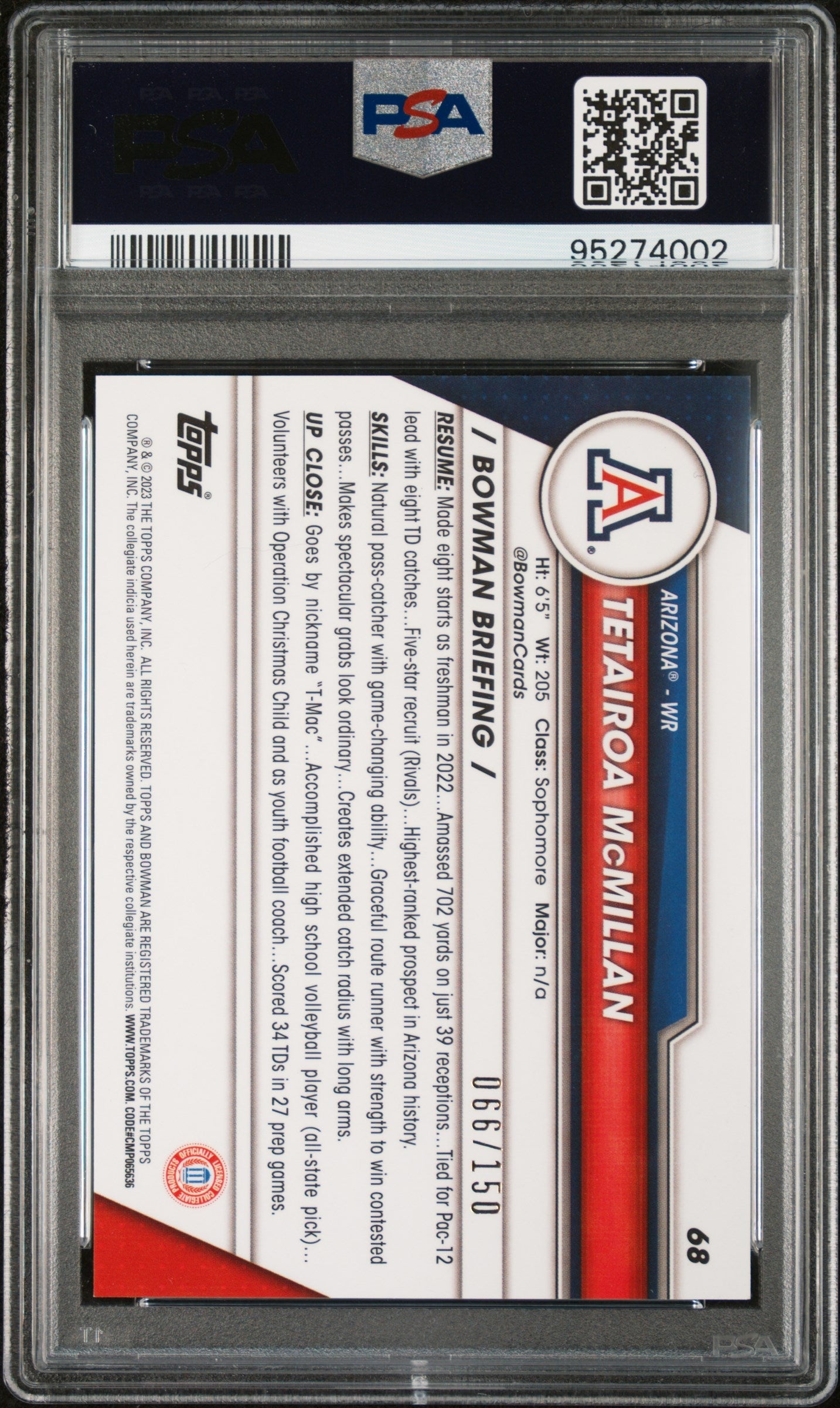 Graded 2023 Topps Bowman U Chrome Tetairoa McMillan #68 Fuchsia Mini Diamond Refractor #/150 Rookie RC Football Card PSA 10 Gem Mint