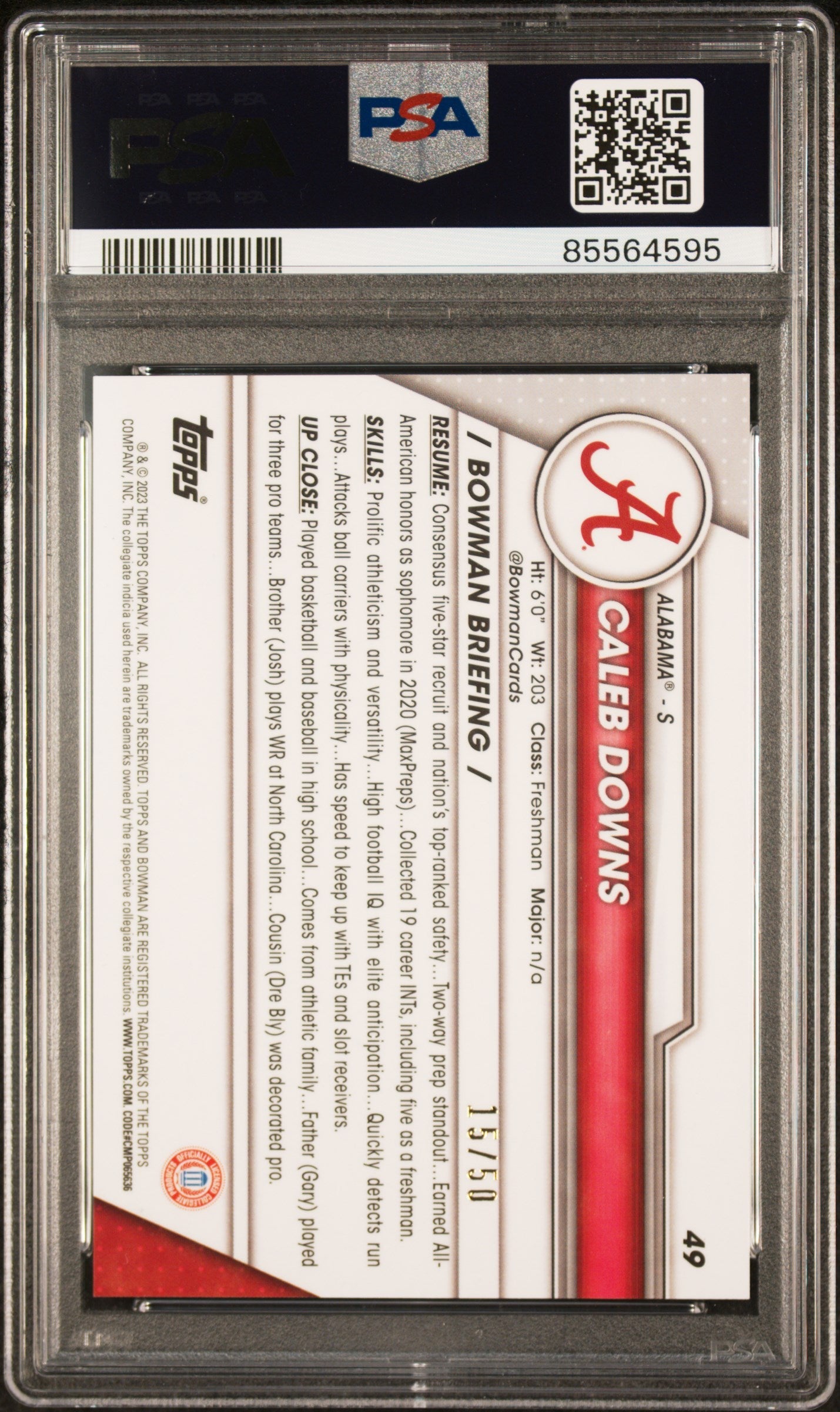 Graded 2023 Topps Bowman U Chrome Caleb Downs #49 Gold #/50 Rookie RC Football Card PSA 10 Gem Mint