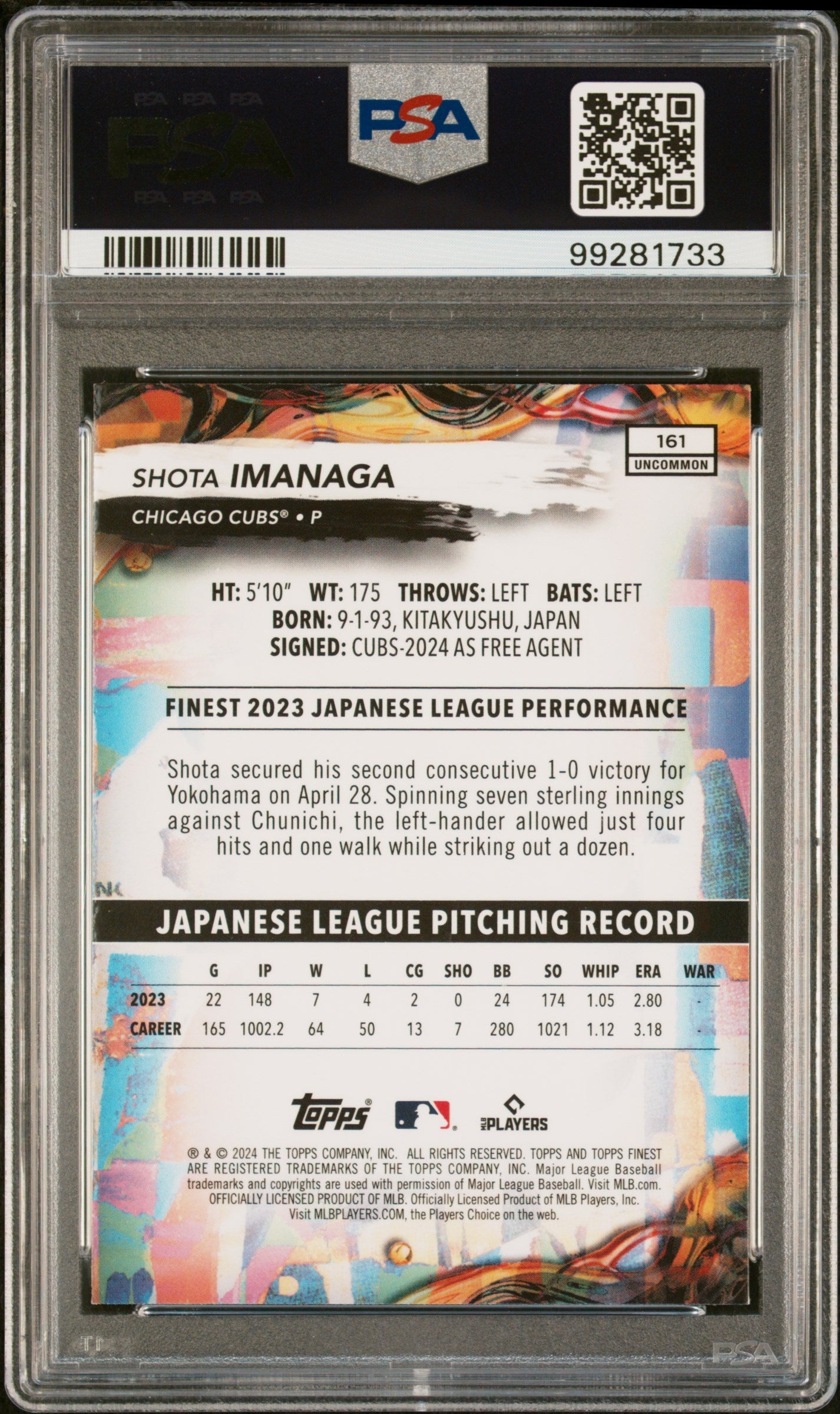 Graded 2024 Topps Finest Shota Imanaga #161 Rookie RC Baseball Card PSA 9 Mint