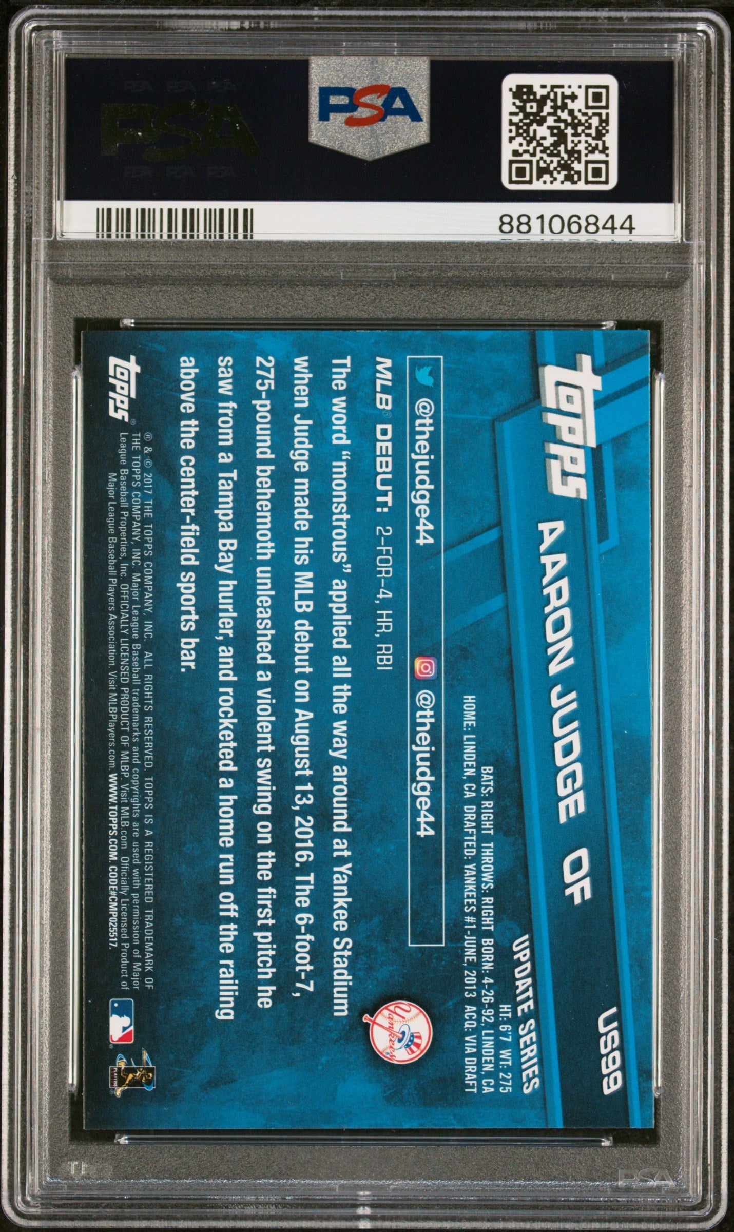 Graded 2017 Topps Update Aaron Judge #US99 Rookie Debut RC Baseball Card PSA 9 Mint