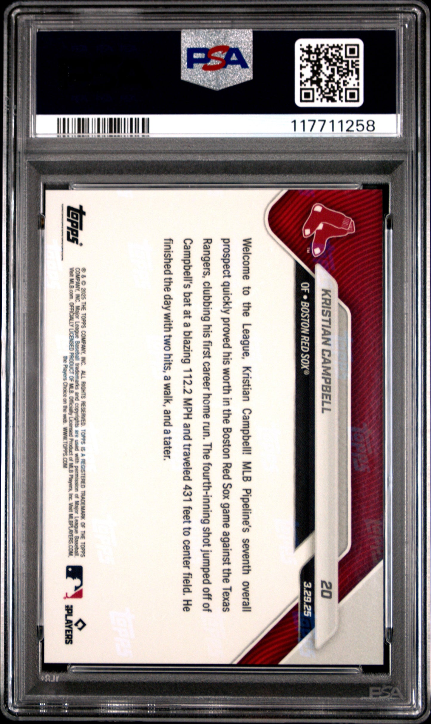 Graded 2025 Topps Now Kristian Campbell #20 Rookie RC Baseball Card PSA 8 Near Mint