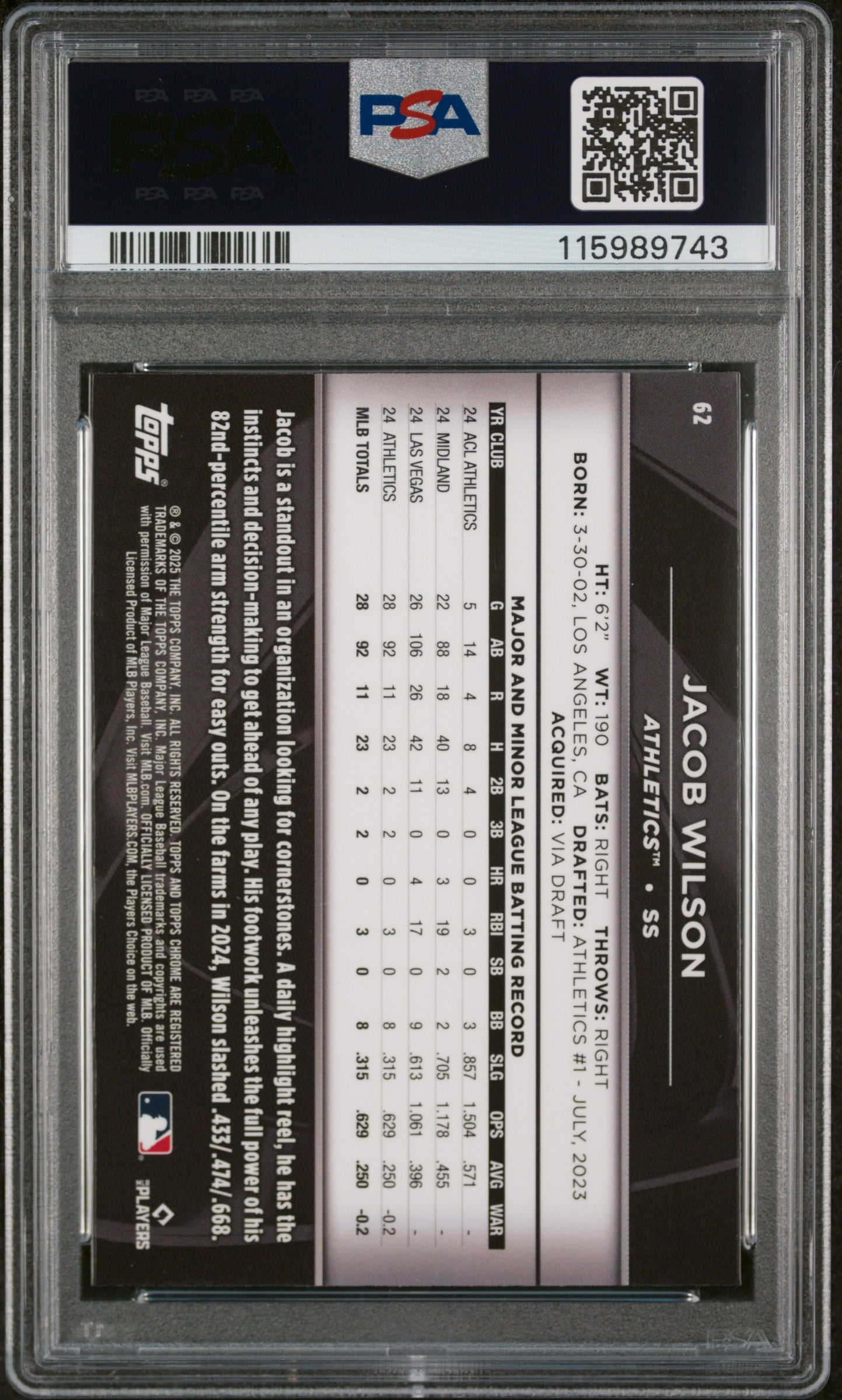 Graded 2025 Topps Chrome Black Jacob Wilson #62 Rookie RC Baseball Card PSA 10 Gem Mint