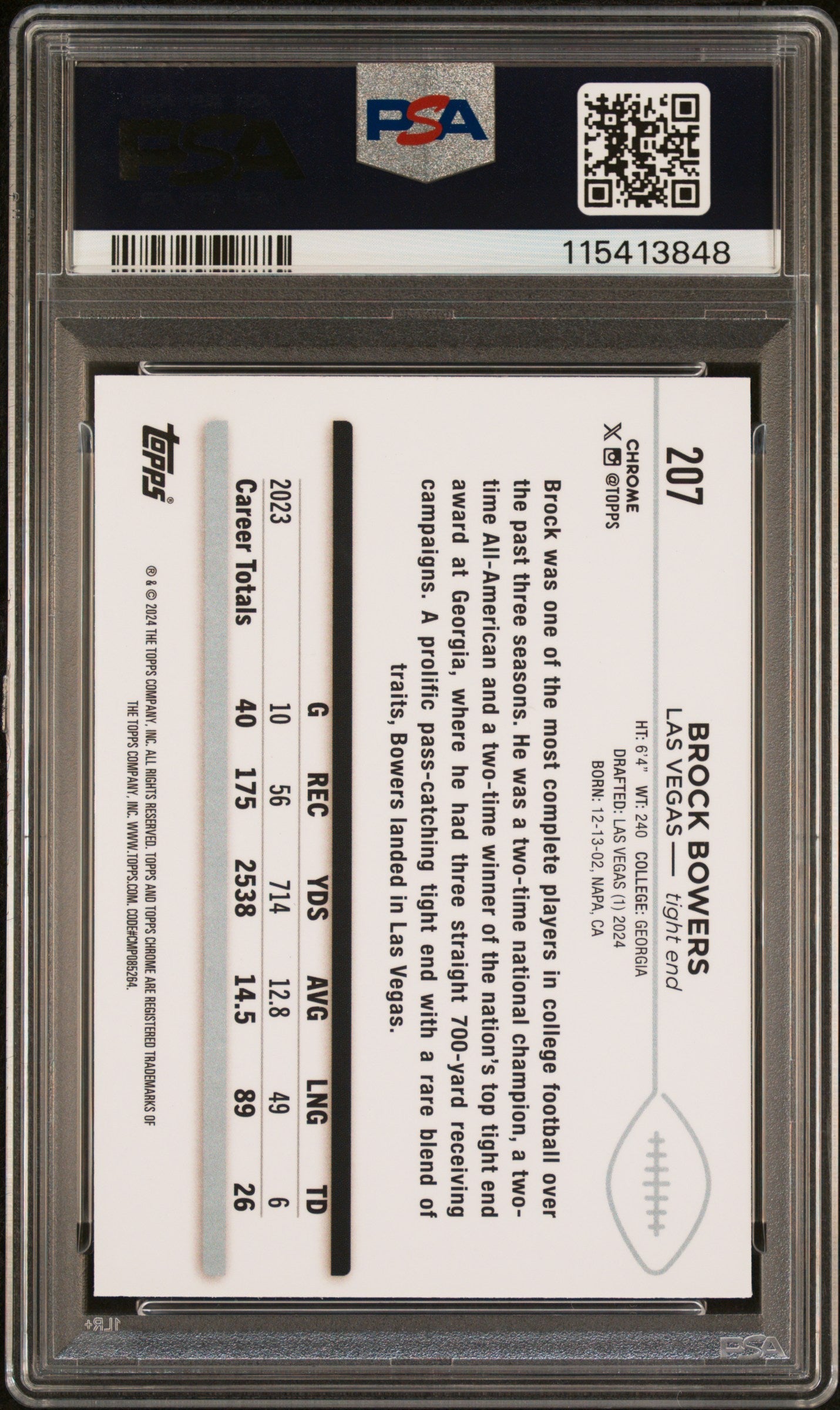 Graded 2024 Topps Chrome Brock Bowers #207 Rookie RC Football Card PSA 9 Mint