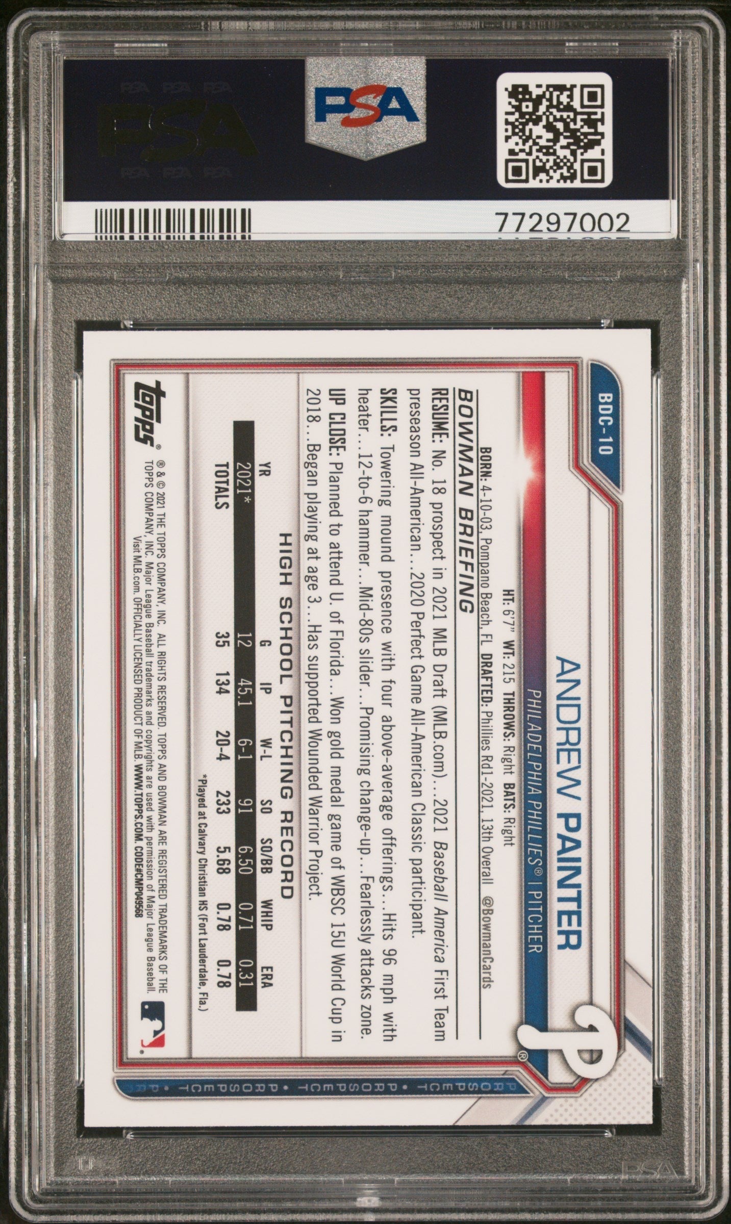 Graded 2021 Topps Bowman Draft Andrew Painter #BDC10 Chrome Rookie RC Baseball Card PSA 10 Gem Mint