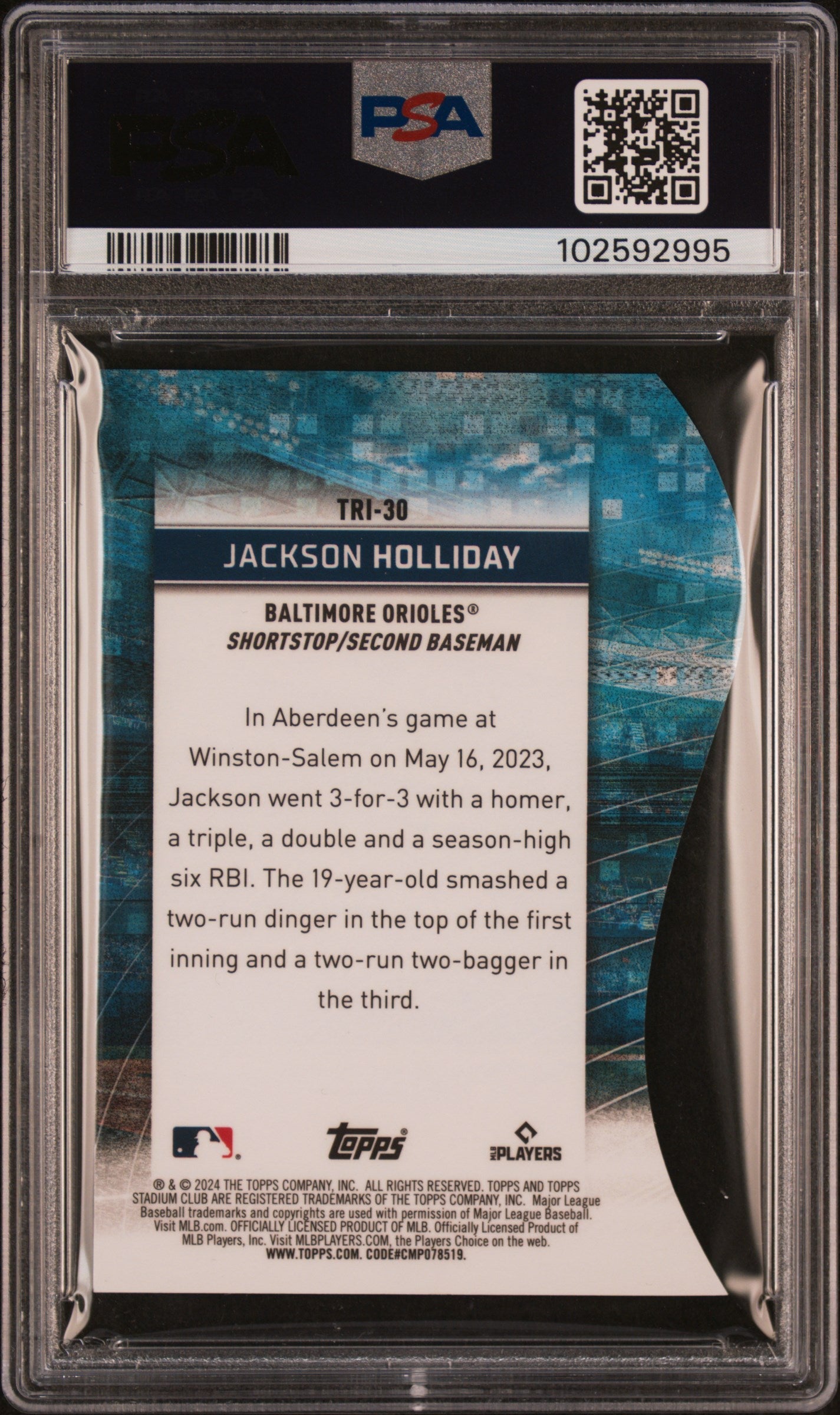 Graded 2024 Topps Stadium Club Jackson Holliday #TRI30 Triumvirates Rookie RC Baseball Card PSA 10 Gem Mint
