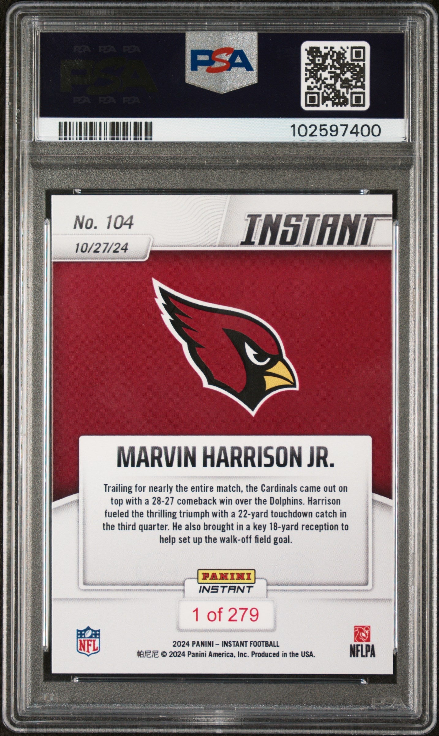 Graded 2024 Panini Instant NFL Marvin Harrison Jr #104 Rookie RC Football Card PSA 9 Mint