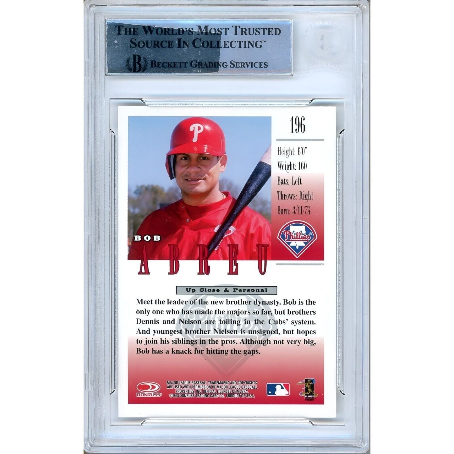 1998 Donruss Studio #196 — Bobby Abreu Phillies Autographed Trading Card — Beckett Authentication
