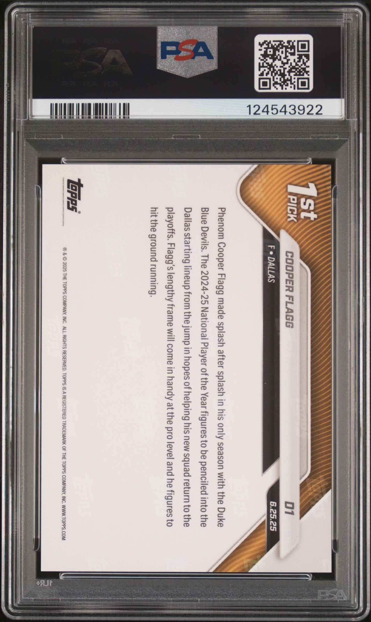 Graded 2025 Topps Now Cooper Flagg #D1 Draft Rookie RC Basketball Card PSA 10 Gem Mint